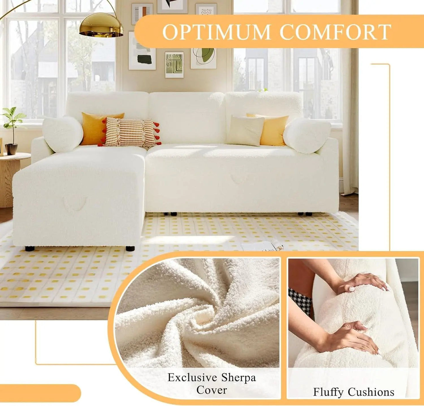 Sleeper Sofa Bed With Storage Chaise In White Boucle from PriceLows™