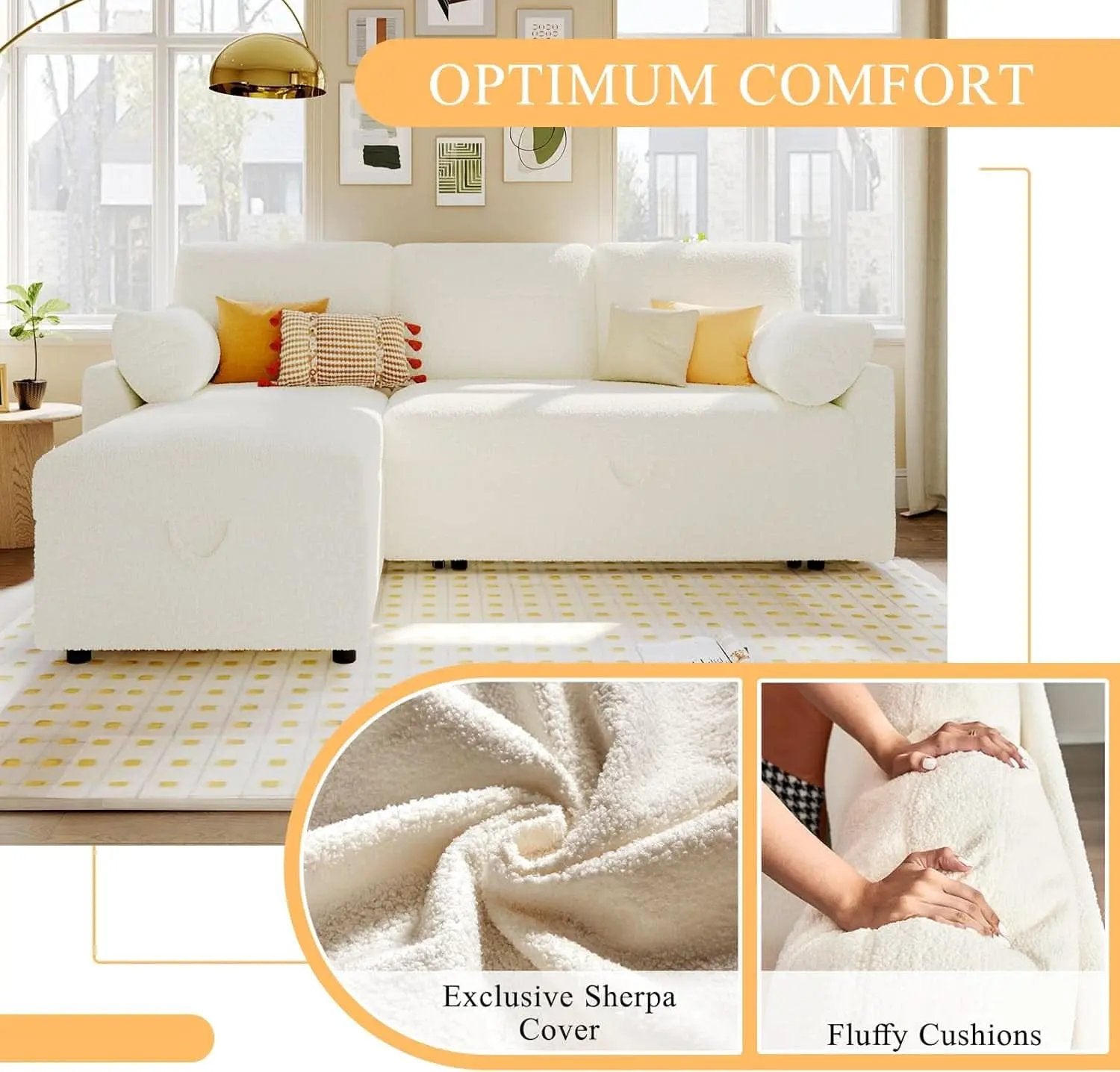 Sleeper Sofa Bed With Storage Chaise In White Boucle from PriceLows™