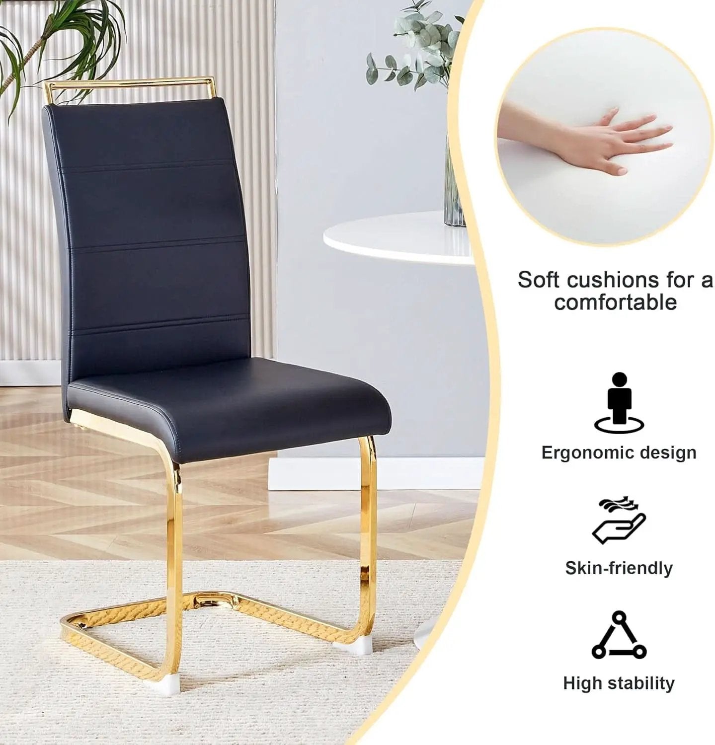 Modern Dining Chairs Set Of 4 PU Faux Leather High Back Black With Gold Legs from PriceLows™