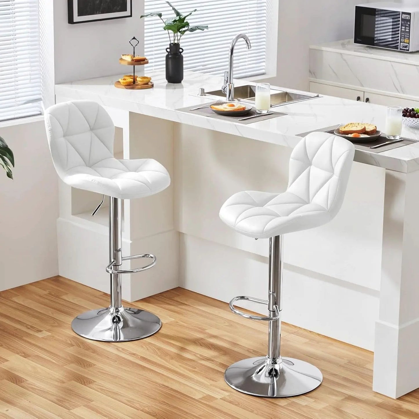 Pair Of White PU Leather Height Adjustable Bar Stools from PriceLows™
