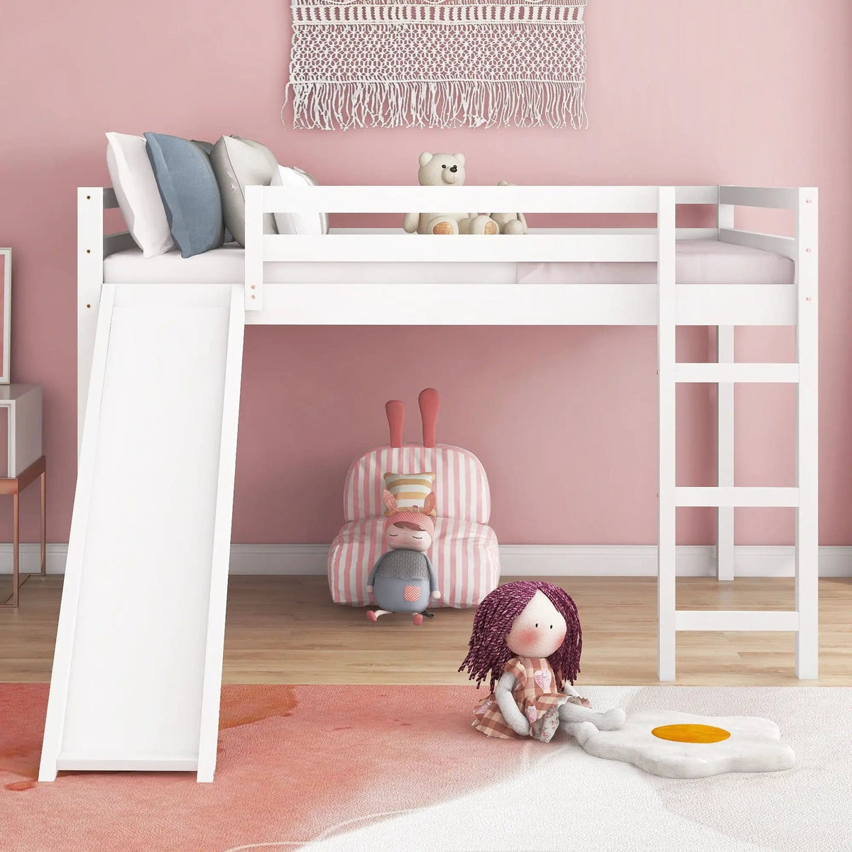 Full Loft Bed With Slide, Multifunctional Design - | 77.4 x 57.2 x 49.2 in | Pine Wood | White