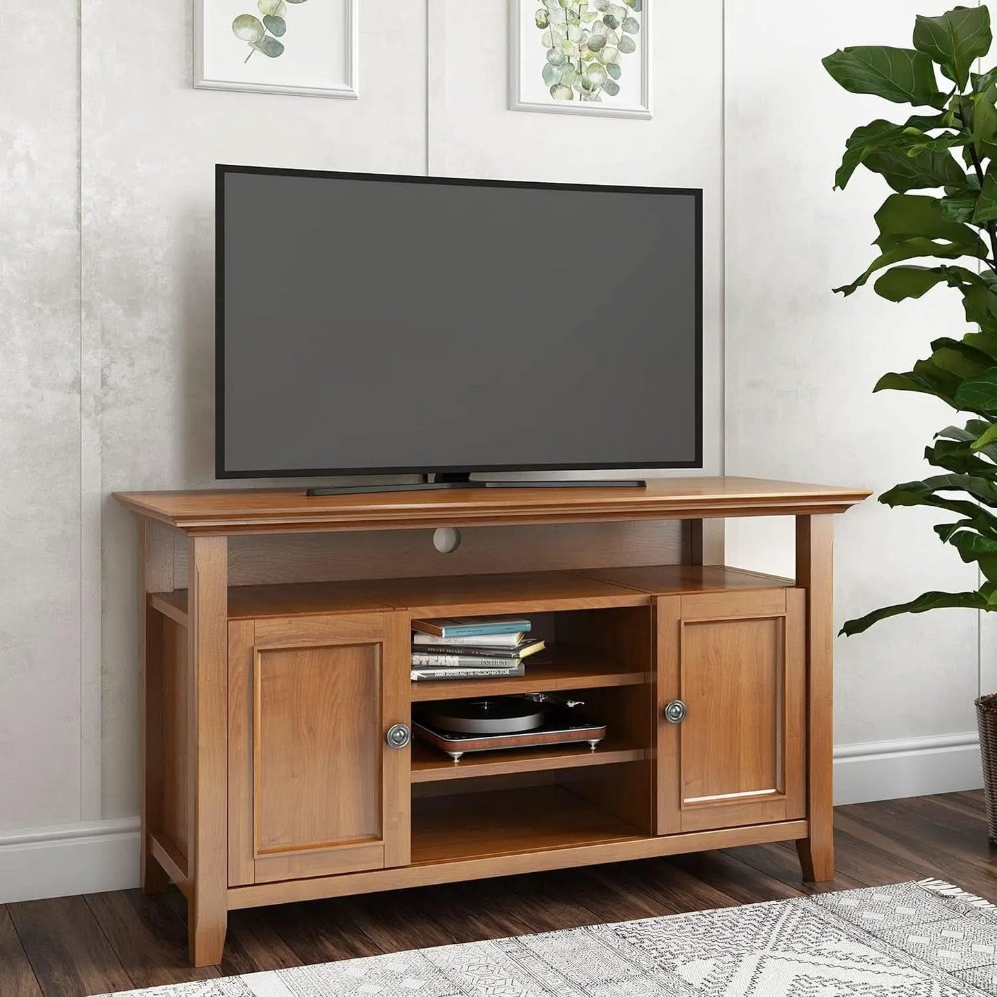TV Media Stand 54 Inch Wide Golden Brown Cabinet Storage from PriceLows™