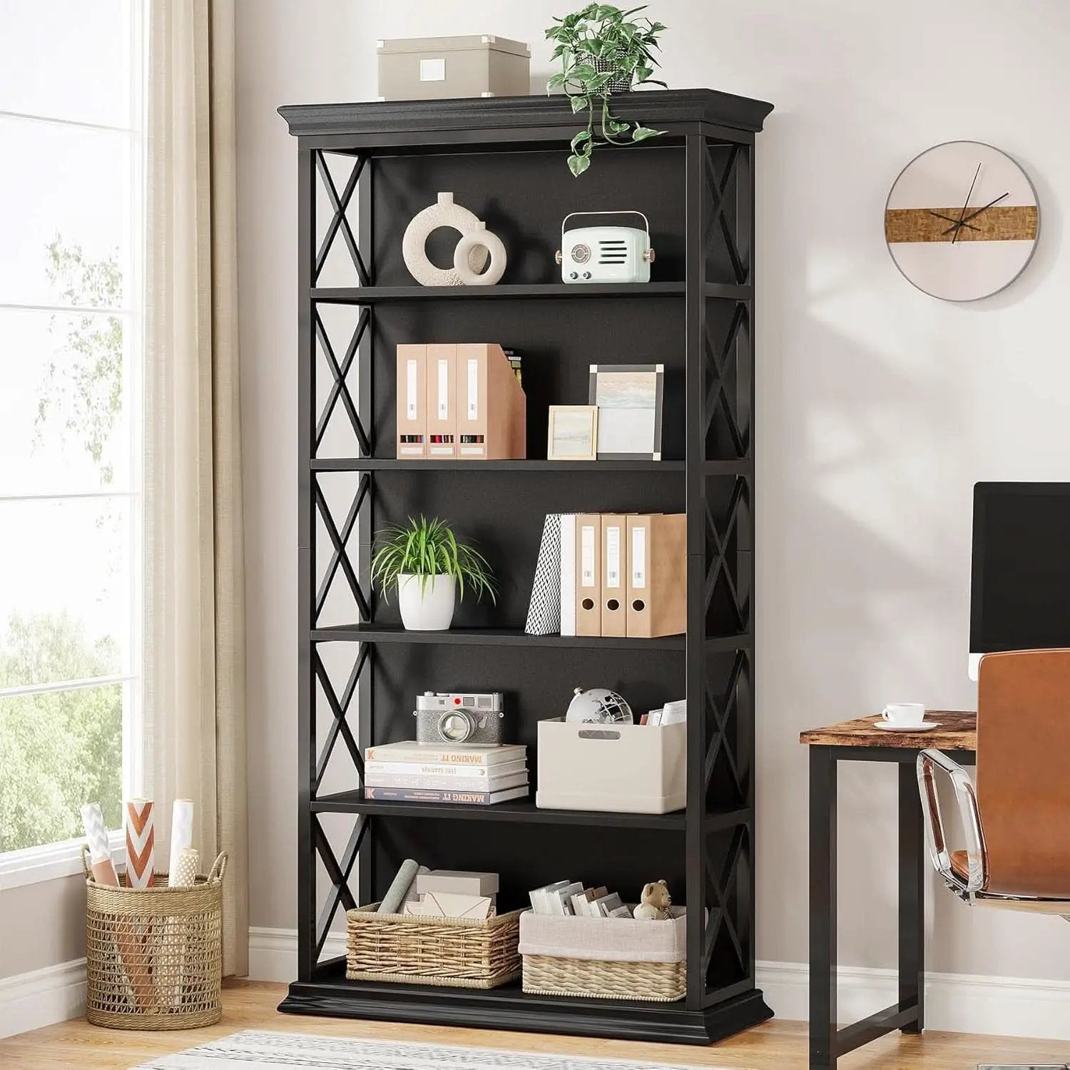 71 Inch 6 Tier Industrial Bookcase Floor Standing All Black from PriceLows™