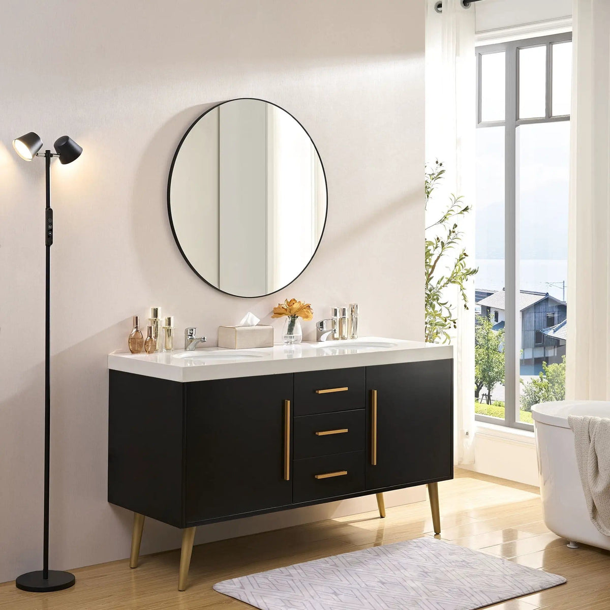 Wall Circular Framed Vanity Mirror For Bathroom, Living Room Decor - | 36 x 36 x 0.75 in | Metal & Aluminum | Black