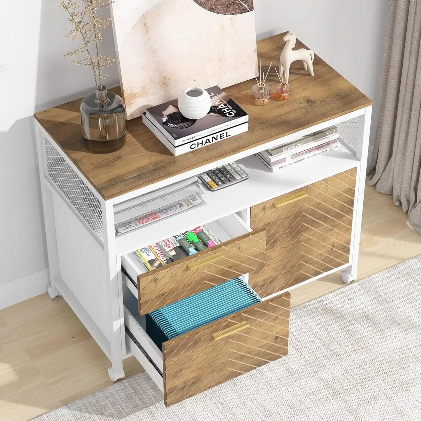 Modern File Cabinet With Drawers In Dark Walnut Casters from PriceLows™