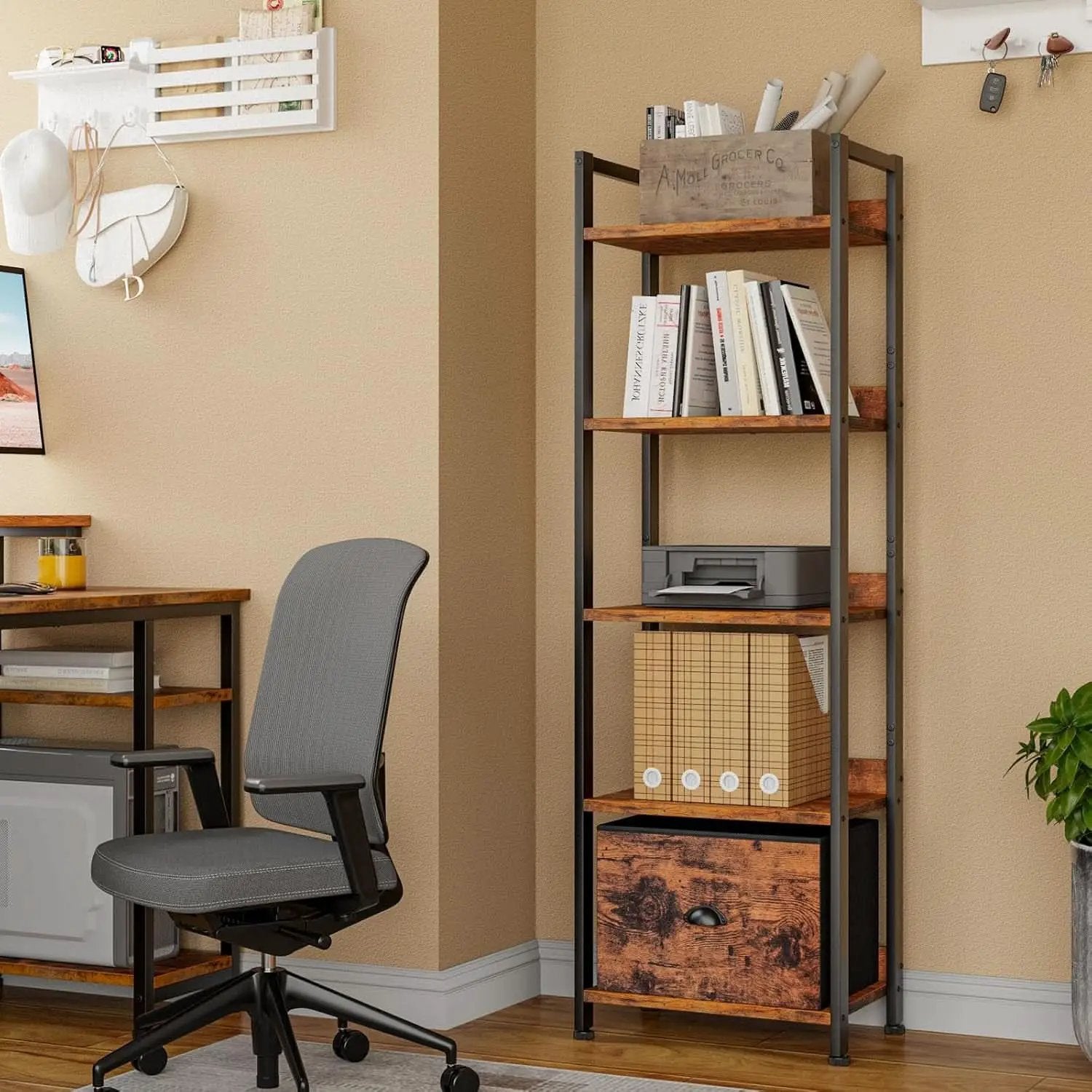5 Tier Bookshelf With Drawer Tall Narrow Wood Bookcase from PriceLows™