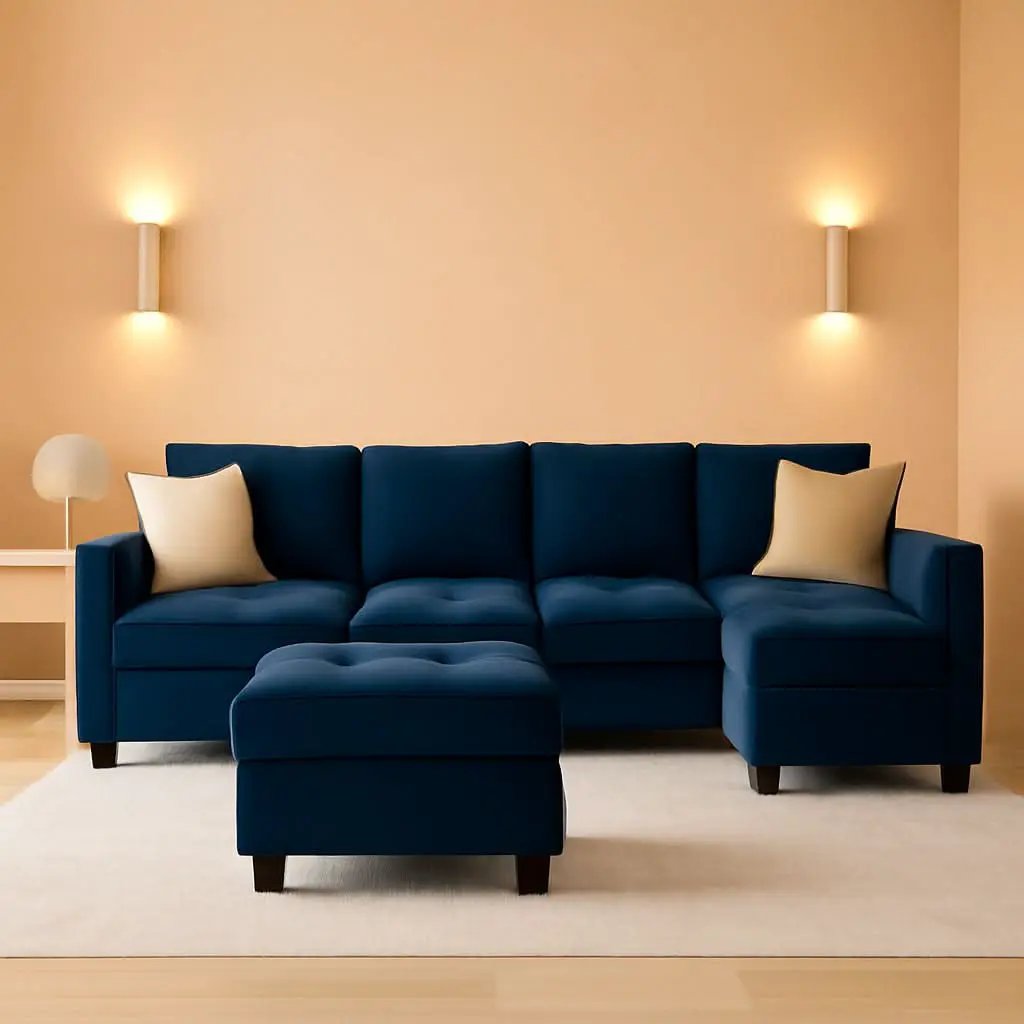 Velvet L Shaped Sofa Reversible Chaise Storage Ottoman Blue from PriceLows™
