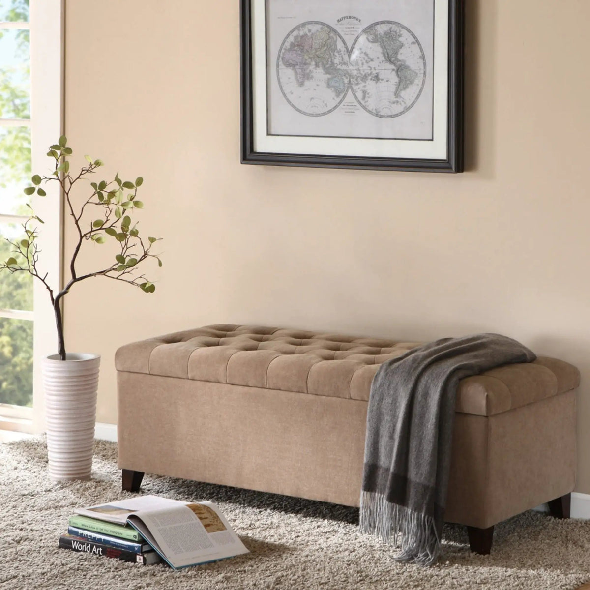 Tufted Soft Close Storage Bench | Button Tufted Top | Solid Wood Legs | 49 Inch Width