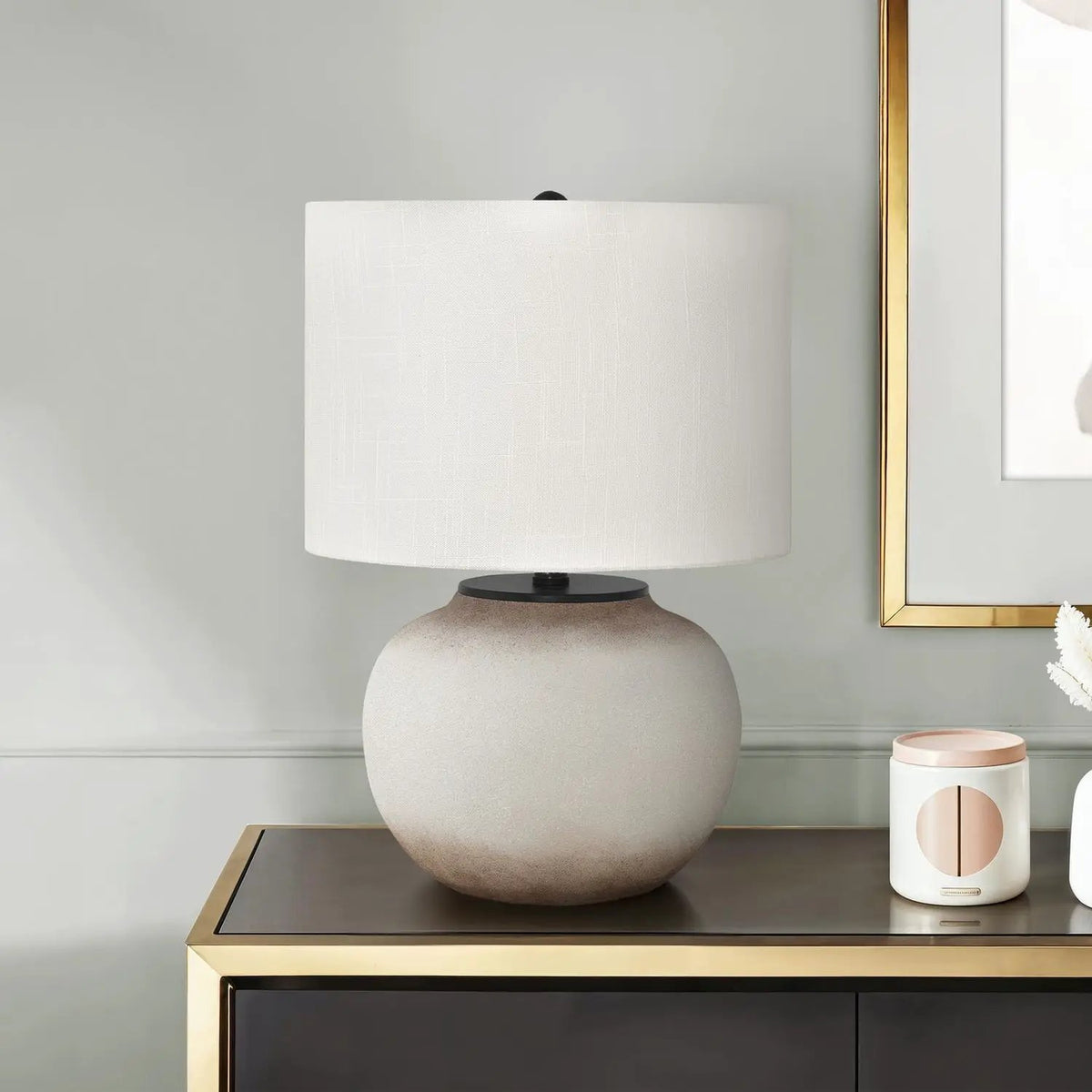Cream Ceramic Table Lamp | Brown Accents | 20.5 Inch Height | Ivory Fabric Shade