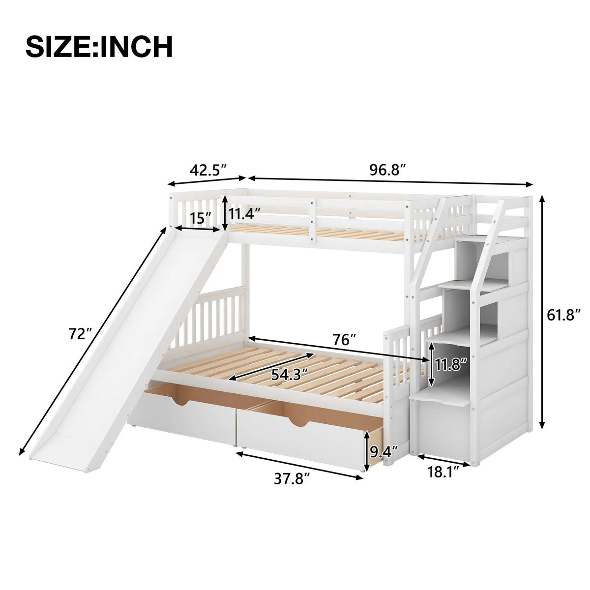 Bunk Bed | Storage Staircase | Slide | Desk With Drawers