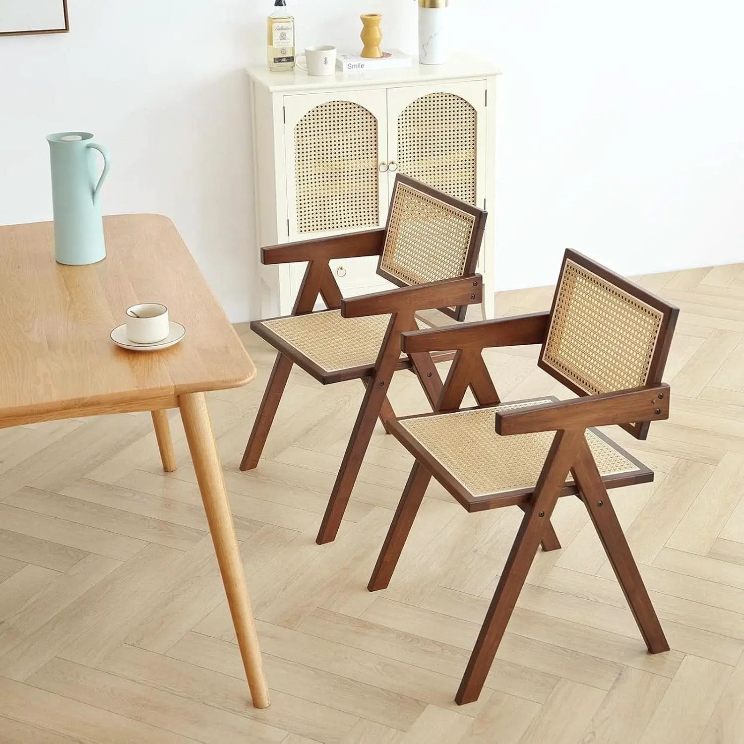 Walnut Rattan Dining Chairs Set Of 2 Ergonomic Back from PriceLows™