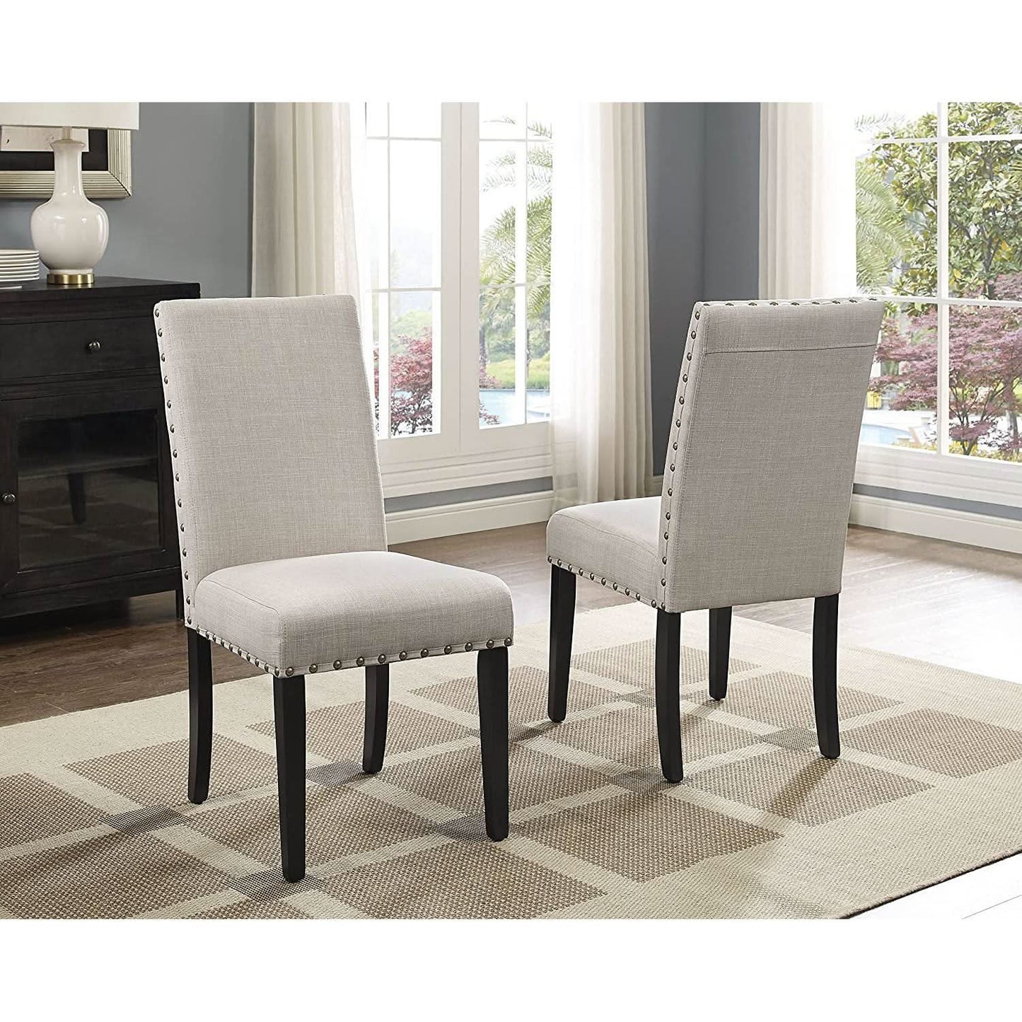 Tan Fabric Nailhead Dining Set 5 Piece Round Table from PriceLows™