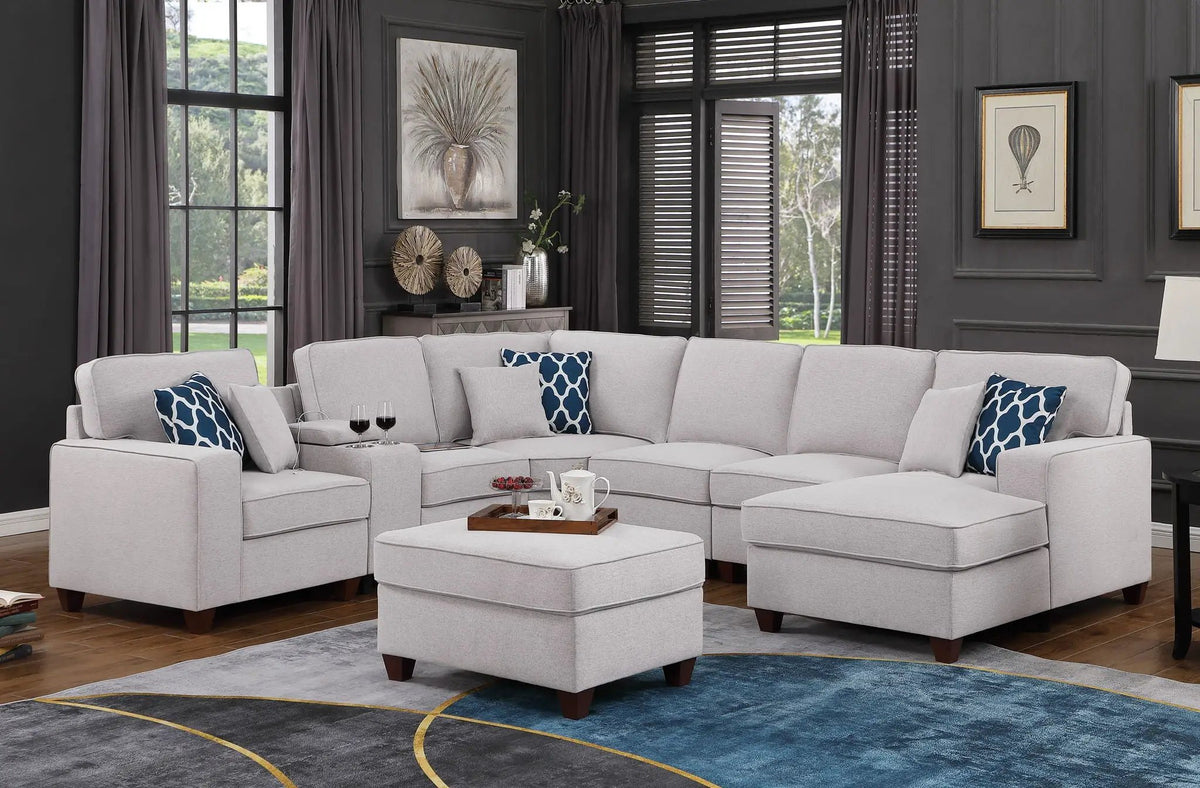 Tina 8-Piece Sectional | Upholstered Design | Ottoman Included | USB Cupholder Console