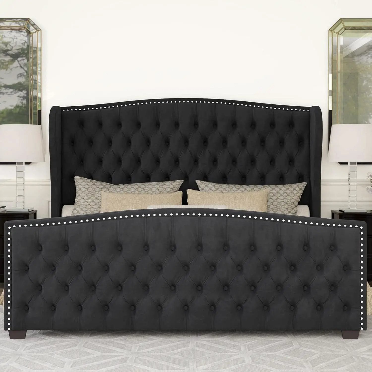 Queen Size Platform Bed Frame With Nailhead Trim Deluxe from PriceLows™