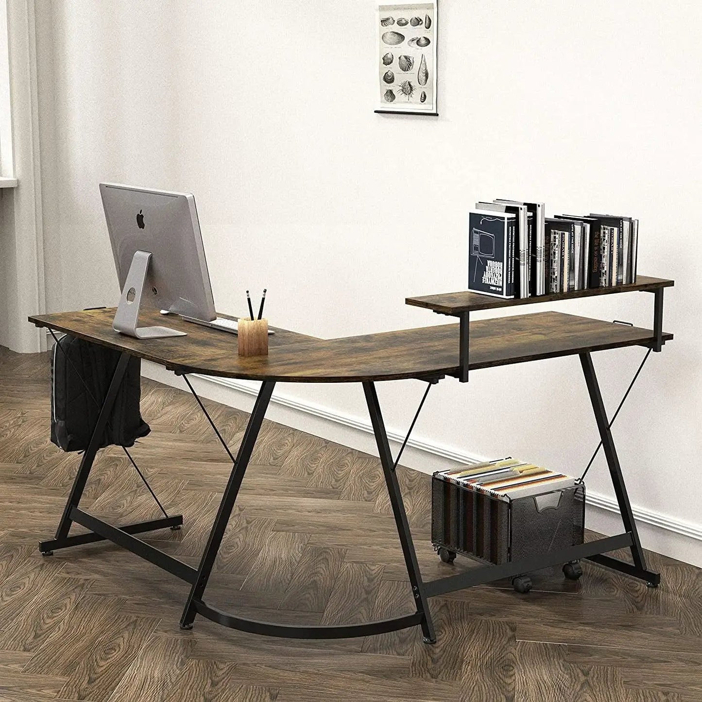 Vista Rustic Brown L Shaped Desk With Monitor Stand from PriceLows™