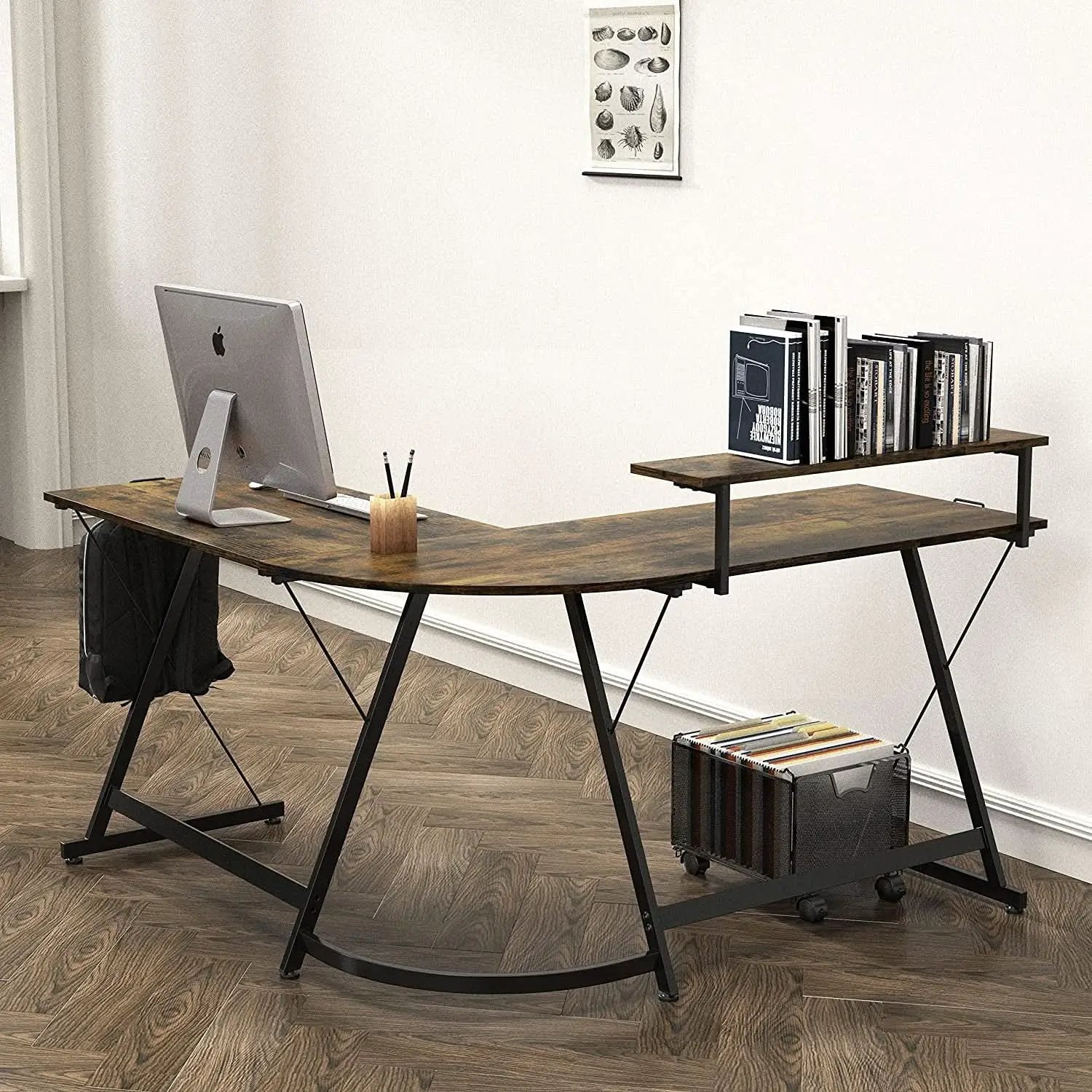 Vista Rustic Brown L Shaped Desk With Monitor Stand from PriceLows™