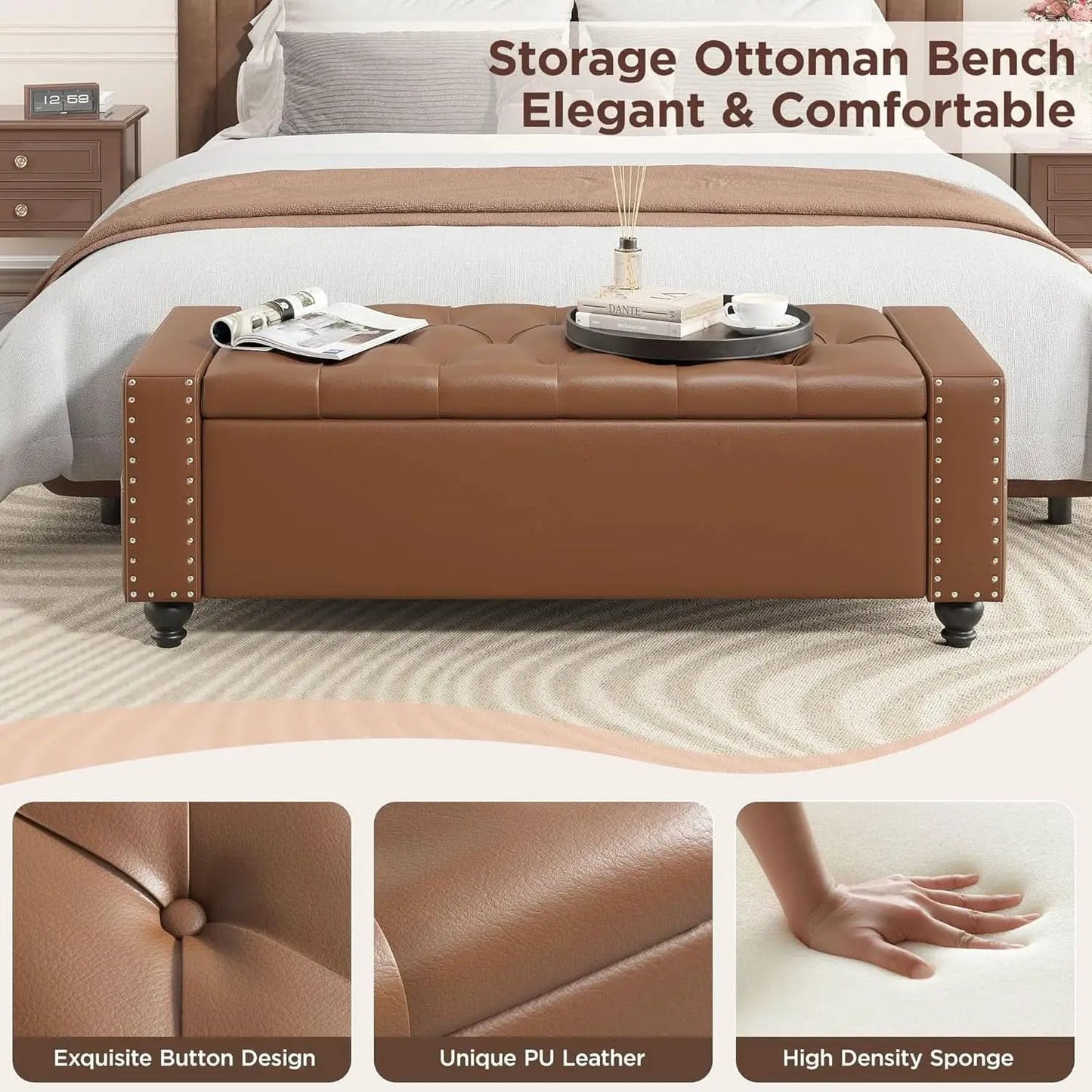 49 Inch Upholstered Storage Ottoman Bench Espresso Brown from PriceLows™