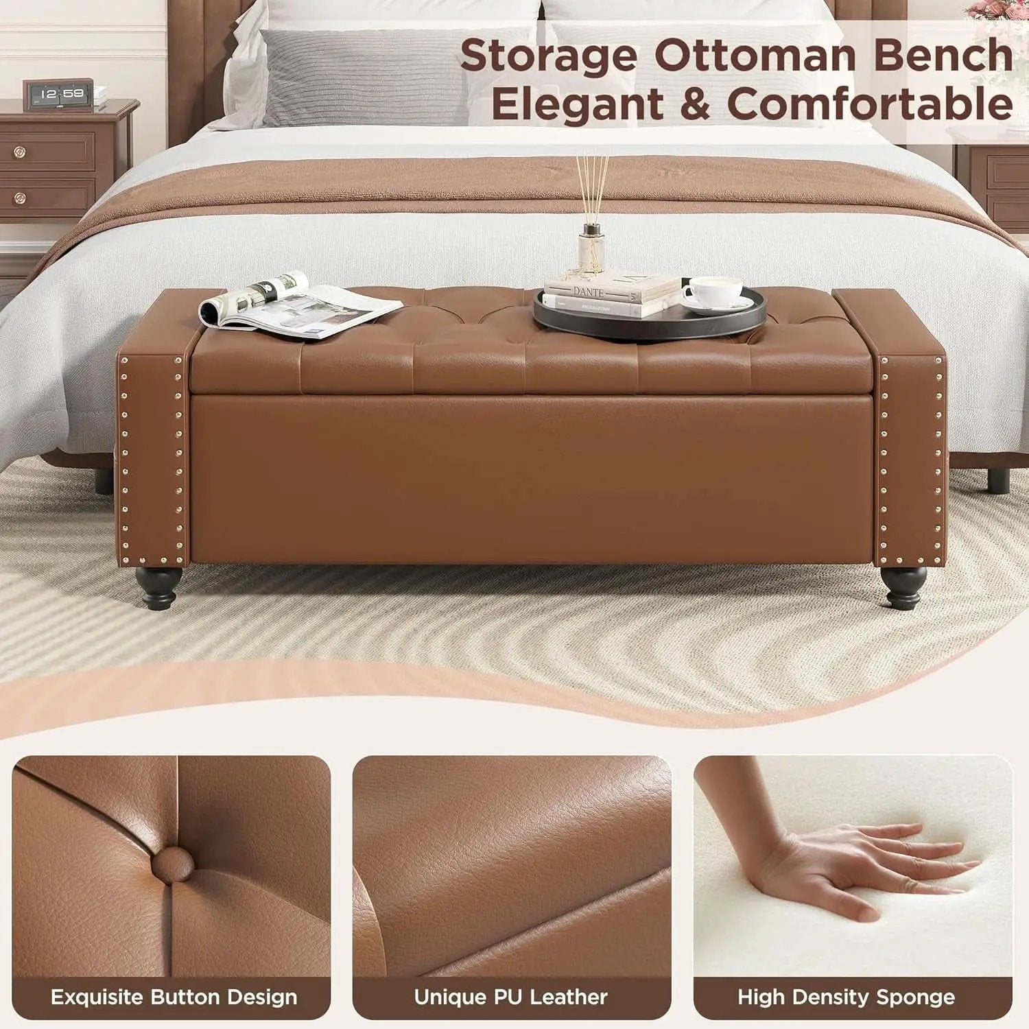 49 Inch Upholstered Storage Ottoman Bench Espresso Brown from PriceLows™