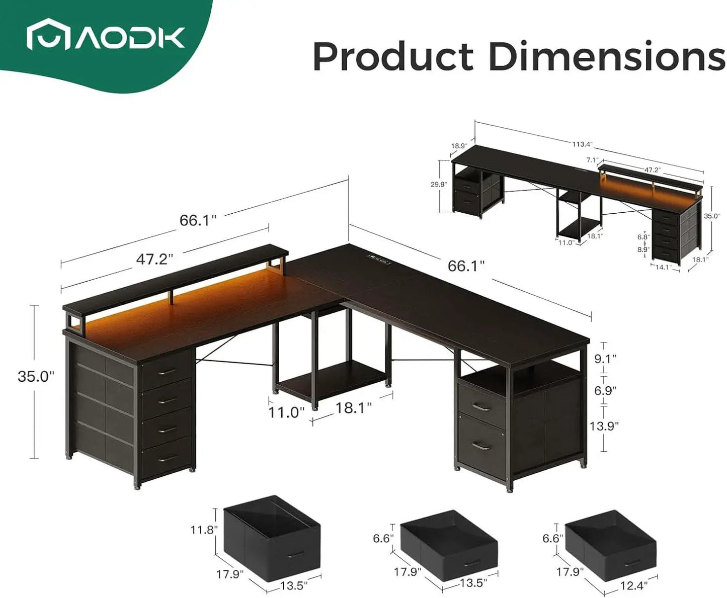 66 Inch L Shaped Computer Desk With LED Lights And Power Outlet from PriceLows™