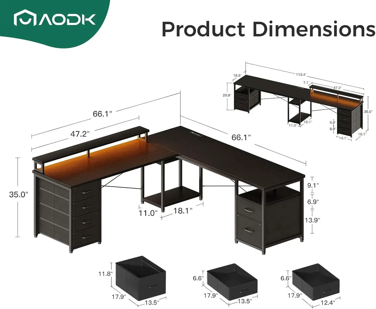 66 Inch L Shaped Computer Desk With LED Lights And Power Outlet from PriceLows™
