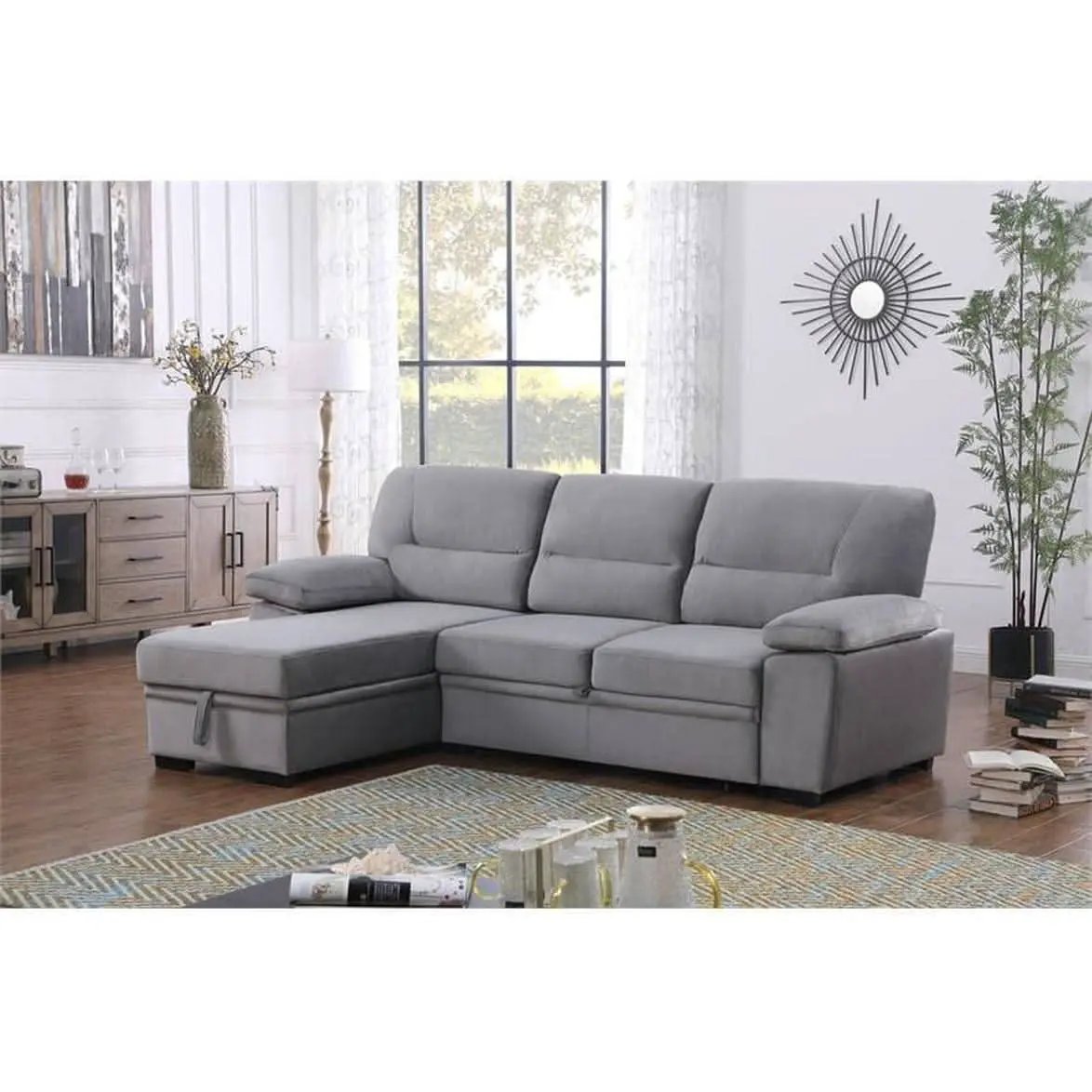 Gray Velvet Reversible Sleeper Sectional Sofa With Storage from PriceLows™