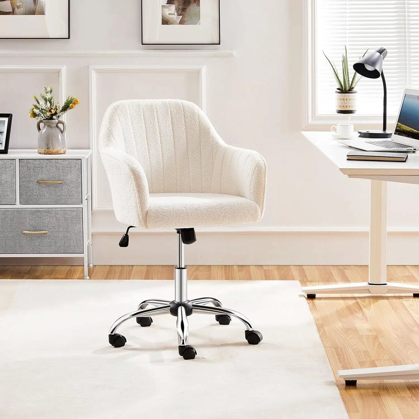 Ivory Boucle Vanity Chair Height Adjustable Makeup Desk Chair from PriceLows™