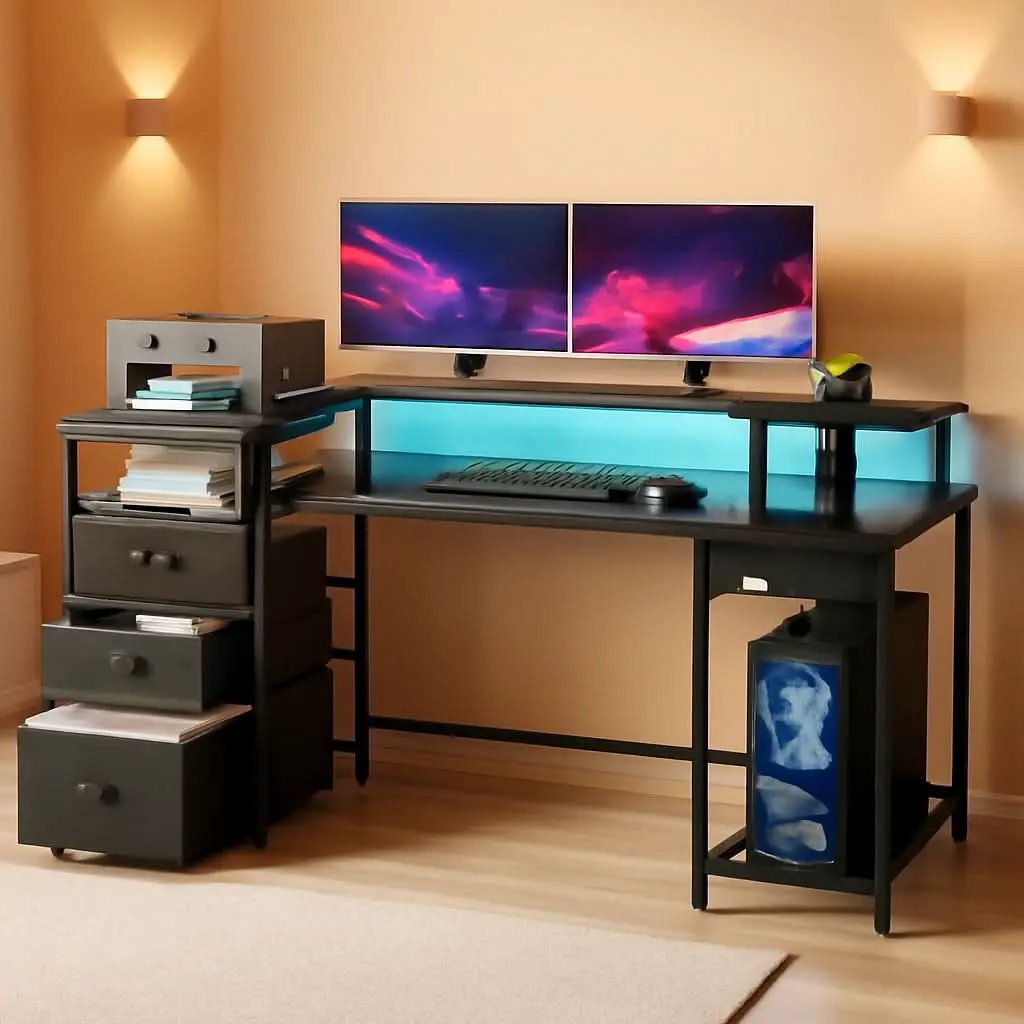 Black 60 Inch Computer Desk With 4 Drawers And Led Lights from PriceLows™