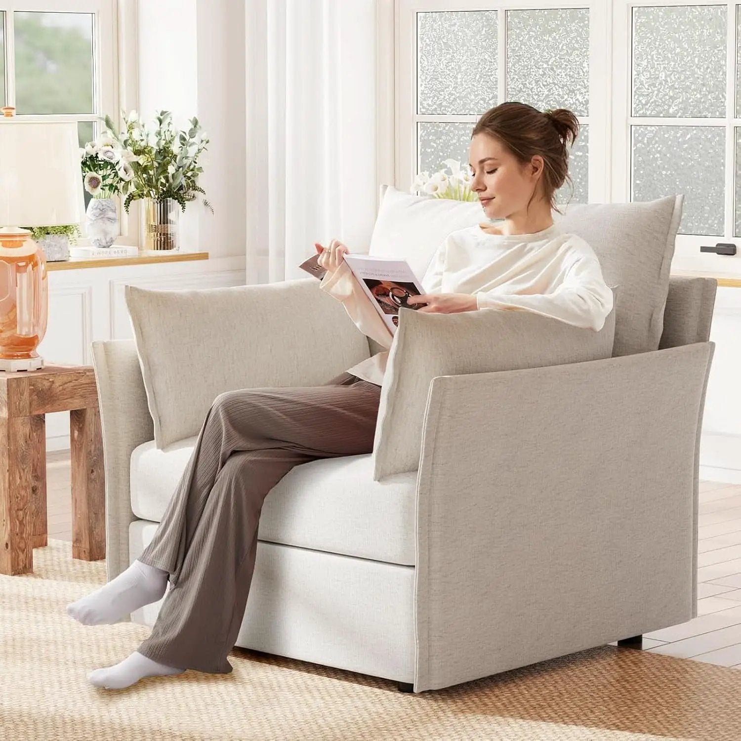 White Upholstered Accent Chair With Removable Backrest from PriceLows™