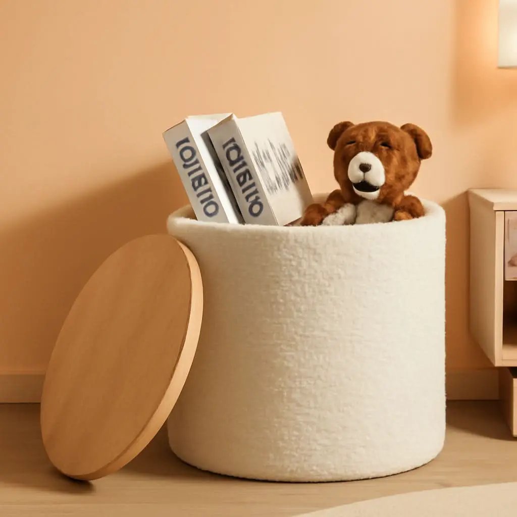 Circular Storage Ottoman Sixteen Inch White Boucle from PriceLows™