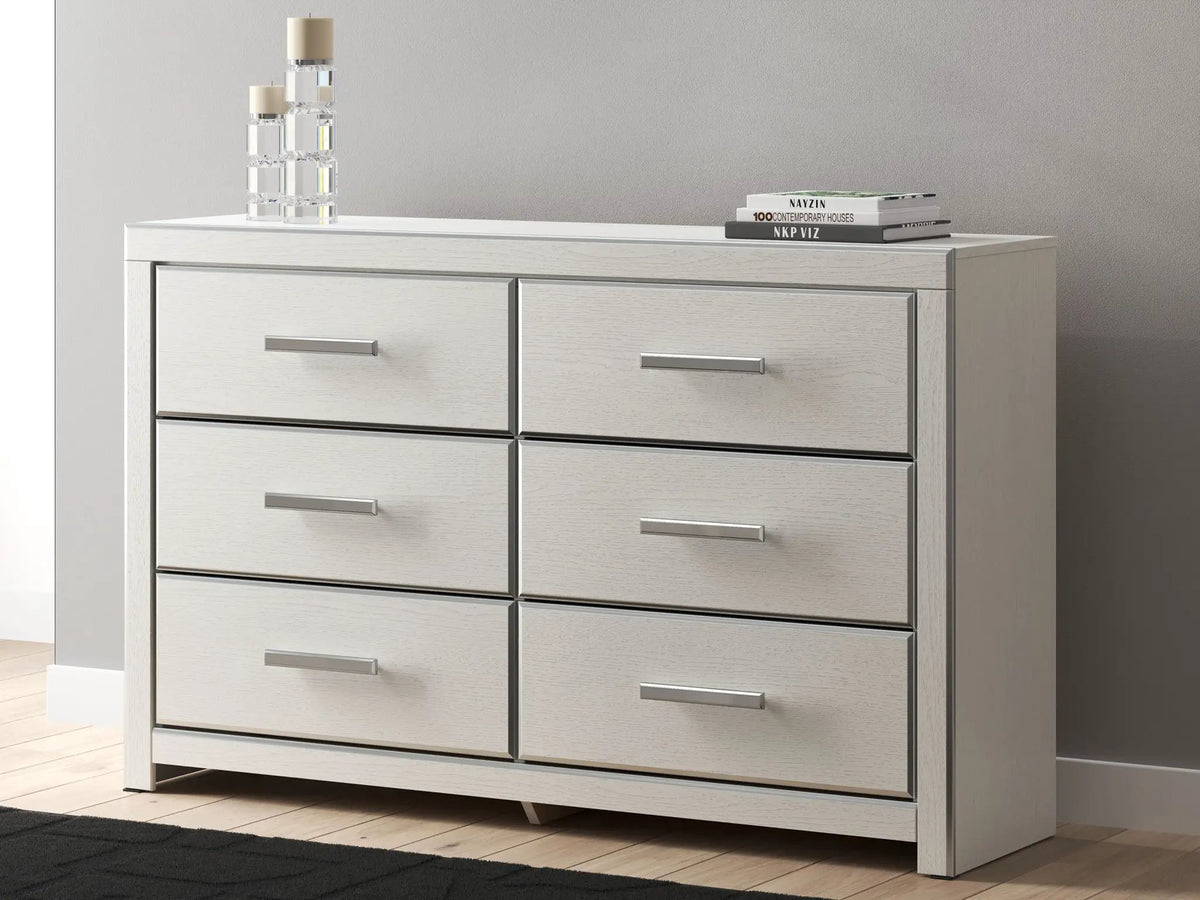 Zuraleus Six Drawer Dresser | Large-Scale Handles | Chrome-Tone Details | Glam Style