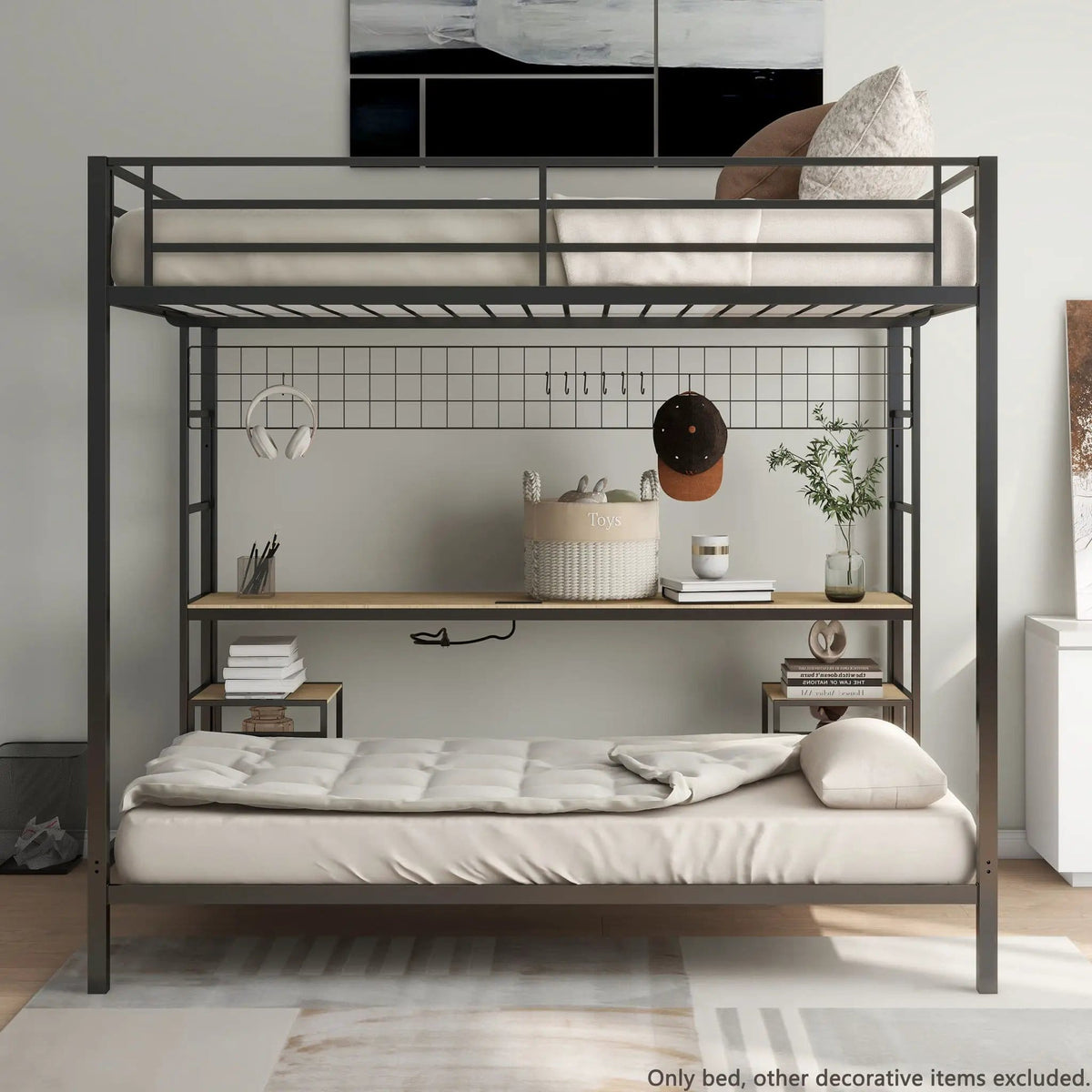 Ethan Bunk Bed With Desk, Charging Station, Storage Shelves | 2 Pieces | Metal | Bedroom