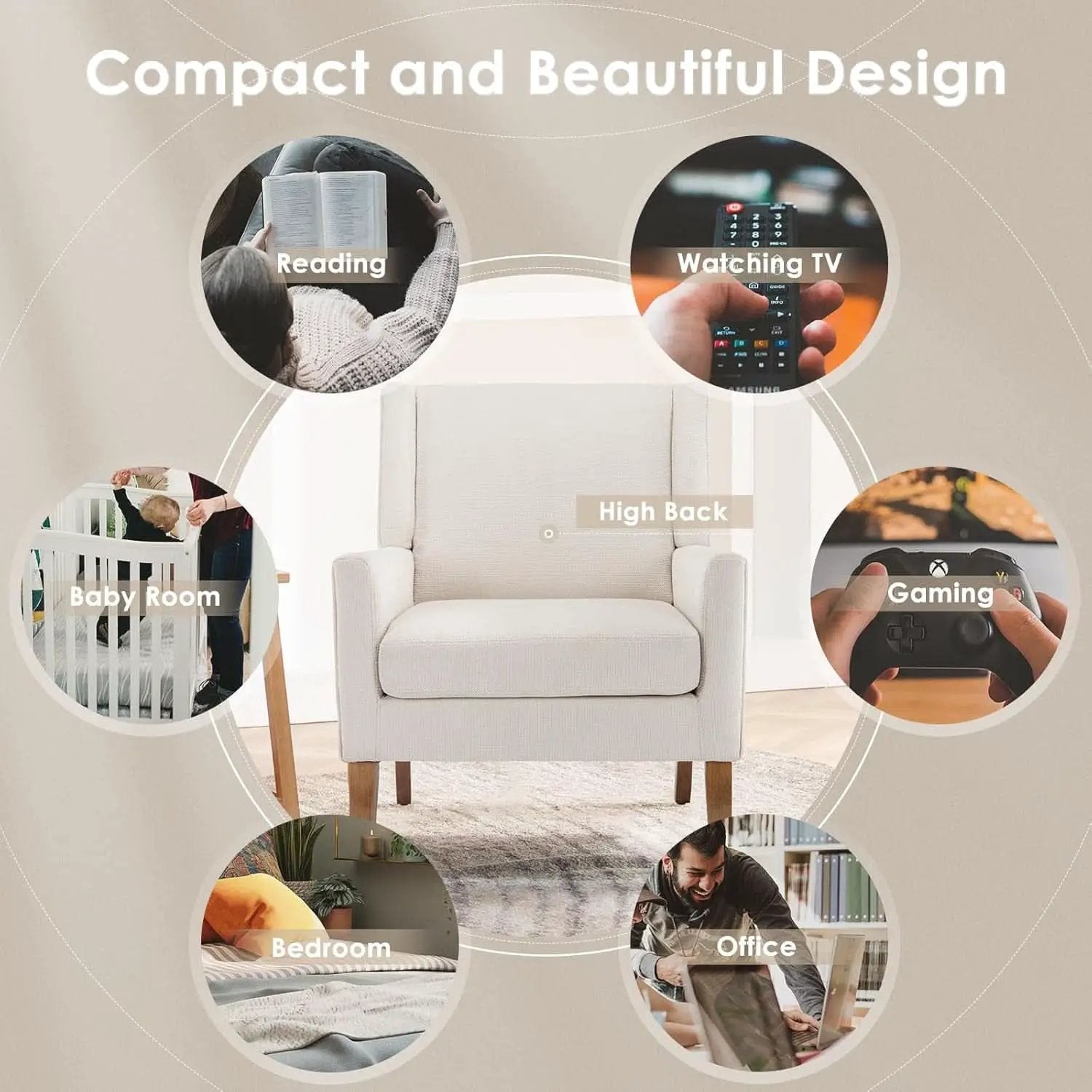 Beige Wingback Chairs With Wood Legs For Living Room from PriceLows™