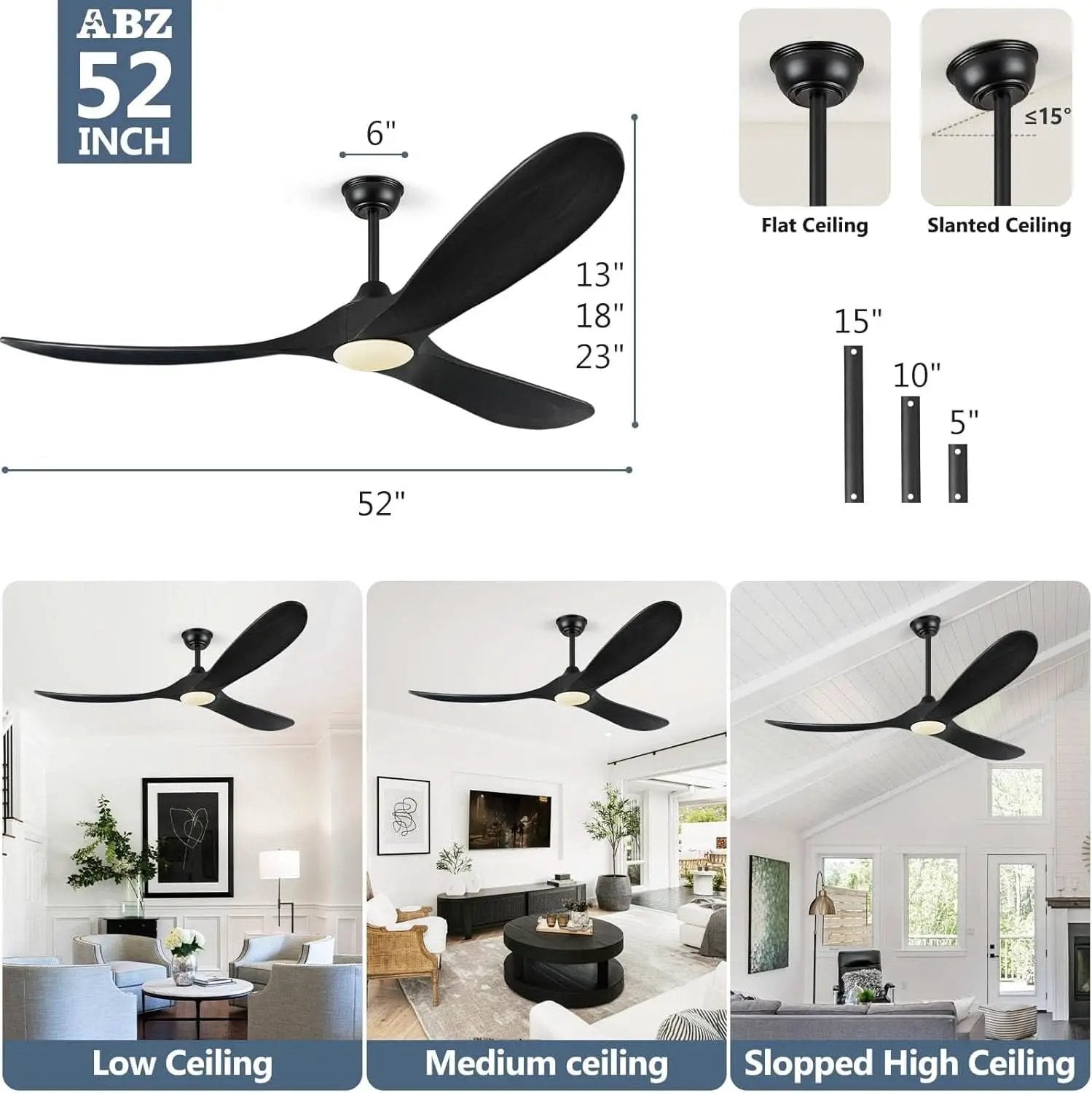 52Inch Matte Black Ceiling Fan Indoor Outdoor Low Noise from PriceLows™