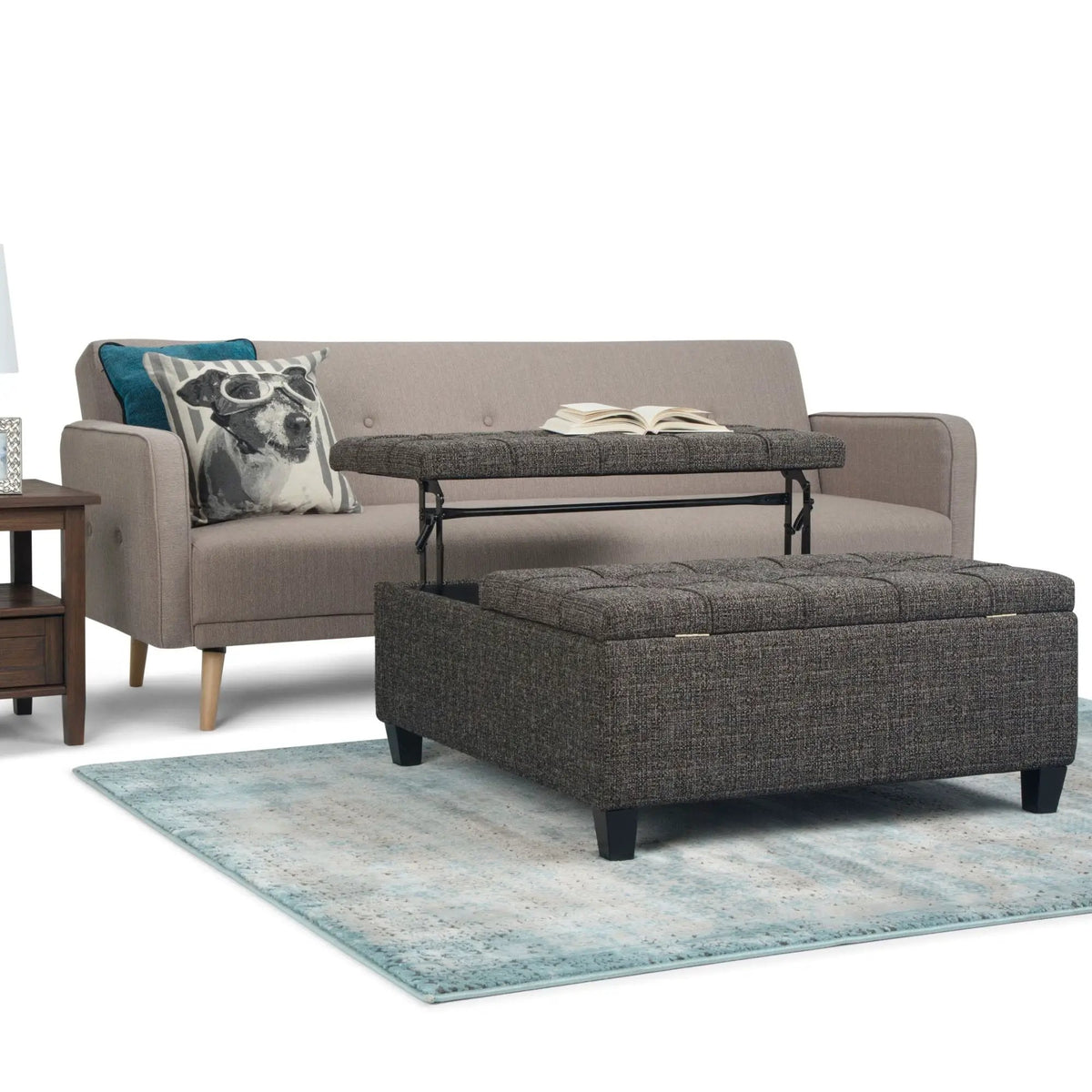 Coffee Table Storage Ottoman | Lift Top Hinge | Solid Wood Base | Large Square
