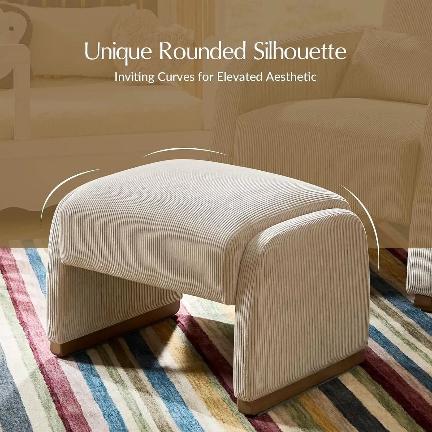 Beige Corduroy Ottoman With Contemporary Wood Legs from PriceLows™