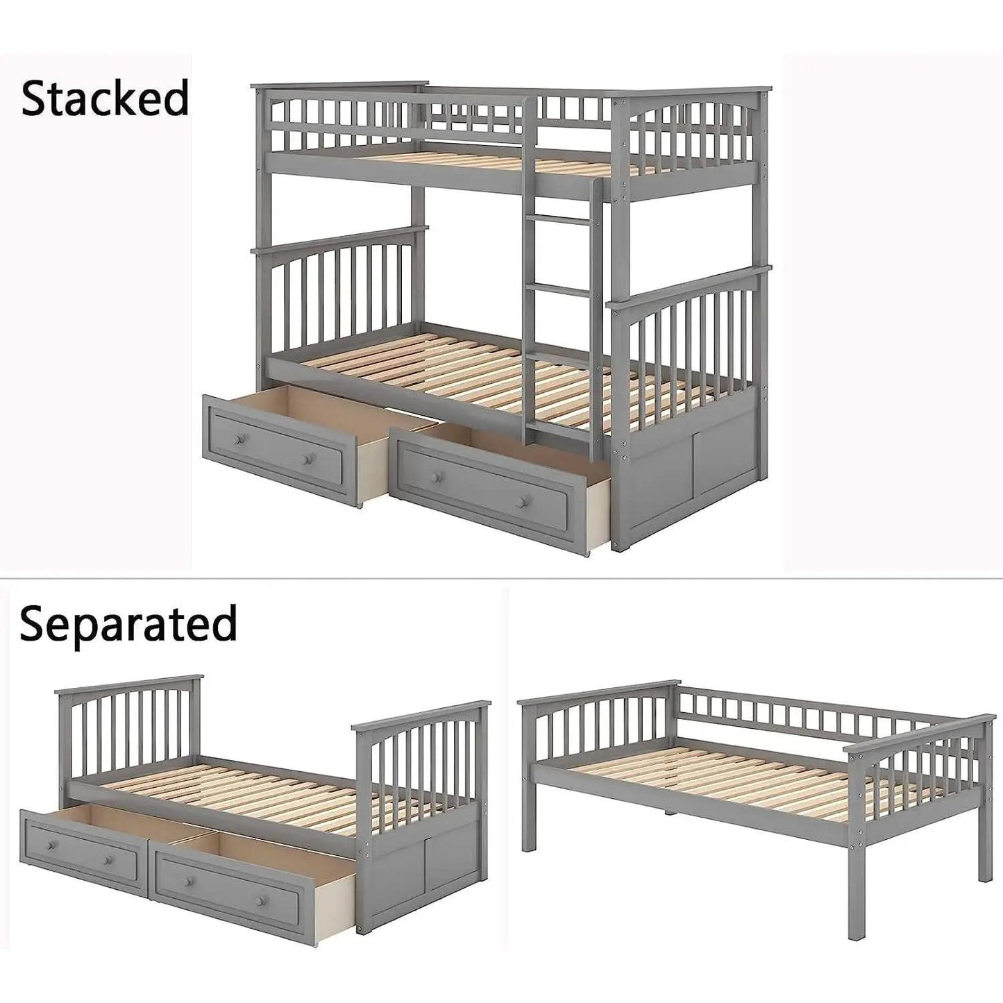 Grey Twin Bunk Bed With Storage Drawers Safety Rail from PriceLows™