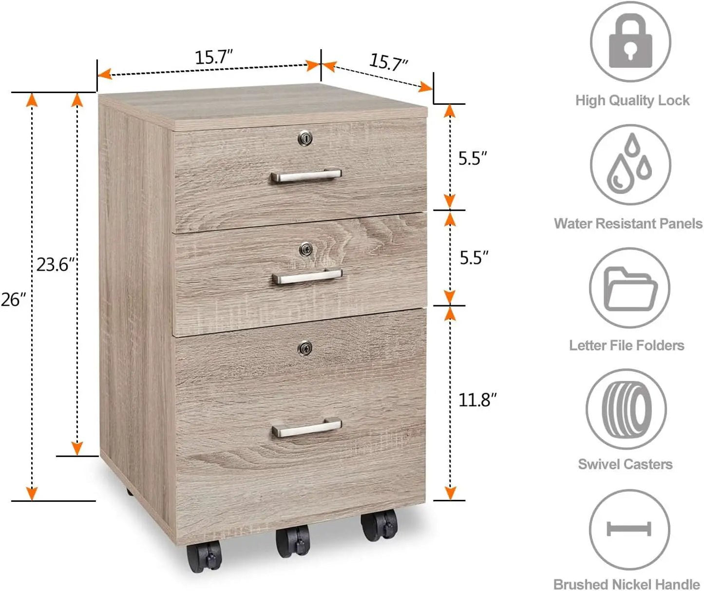 Oak 26 Inch High 3 Drawer File Cabinet With Lock For Letter Size Files And Mobile Under Desk from PriceLows™