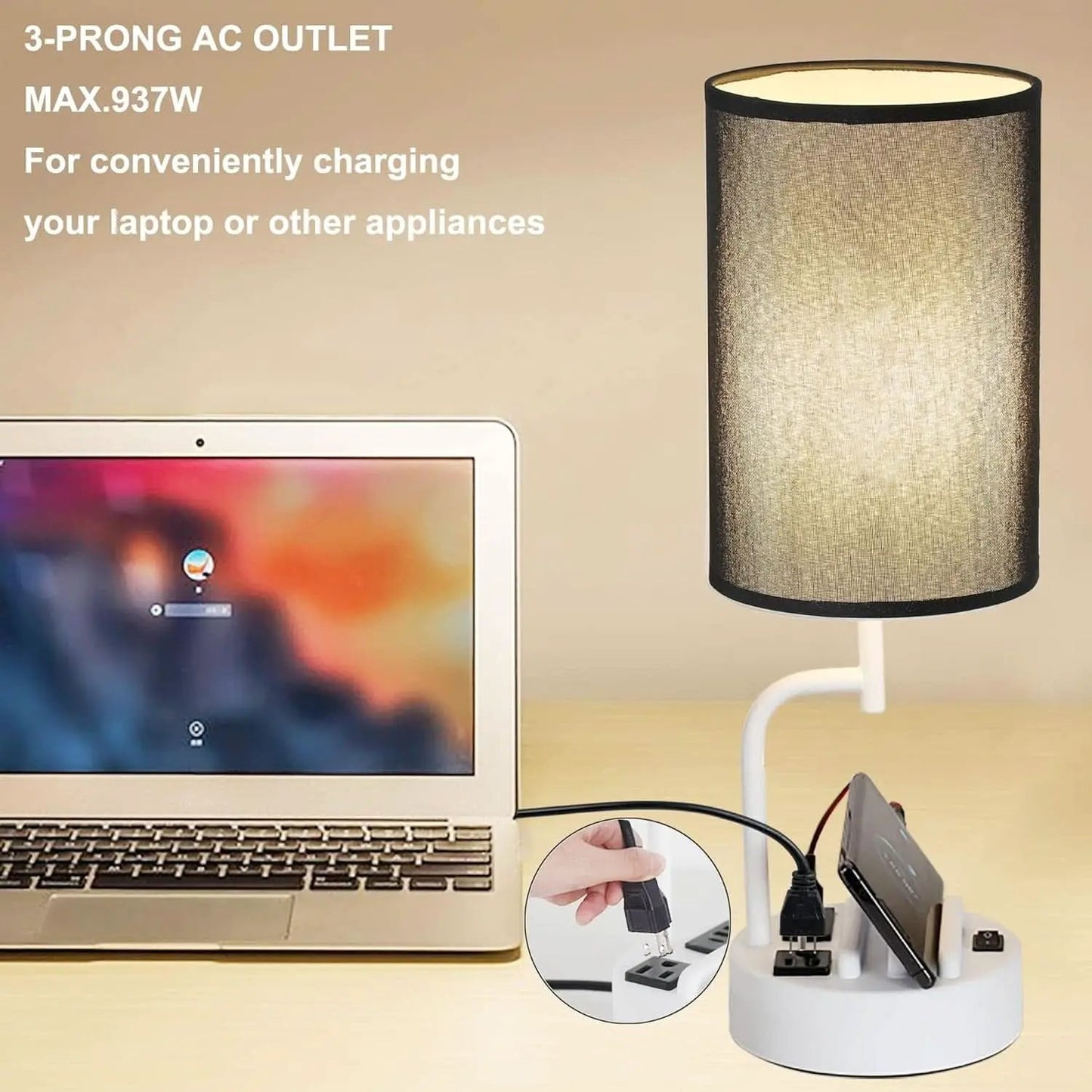 Table Lamp With 3 USB Ports And AC Outlet White Black from PriceLows™