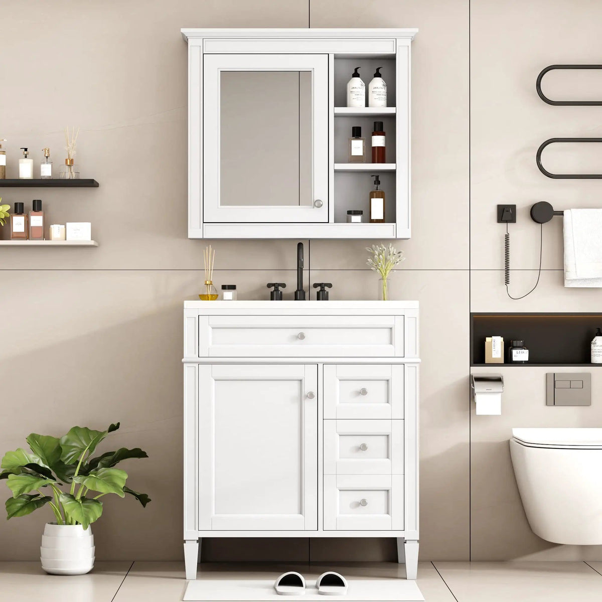 Bathroom Vanity With Top Sink, 2 Doors And 3 Drawers, Freestanding Set With Mirror | Vanity & Cabinet | Solid Wood & Ceramic | Bathroom