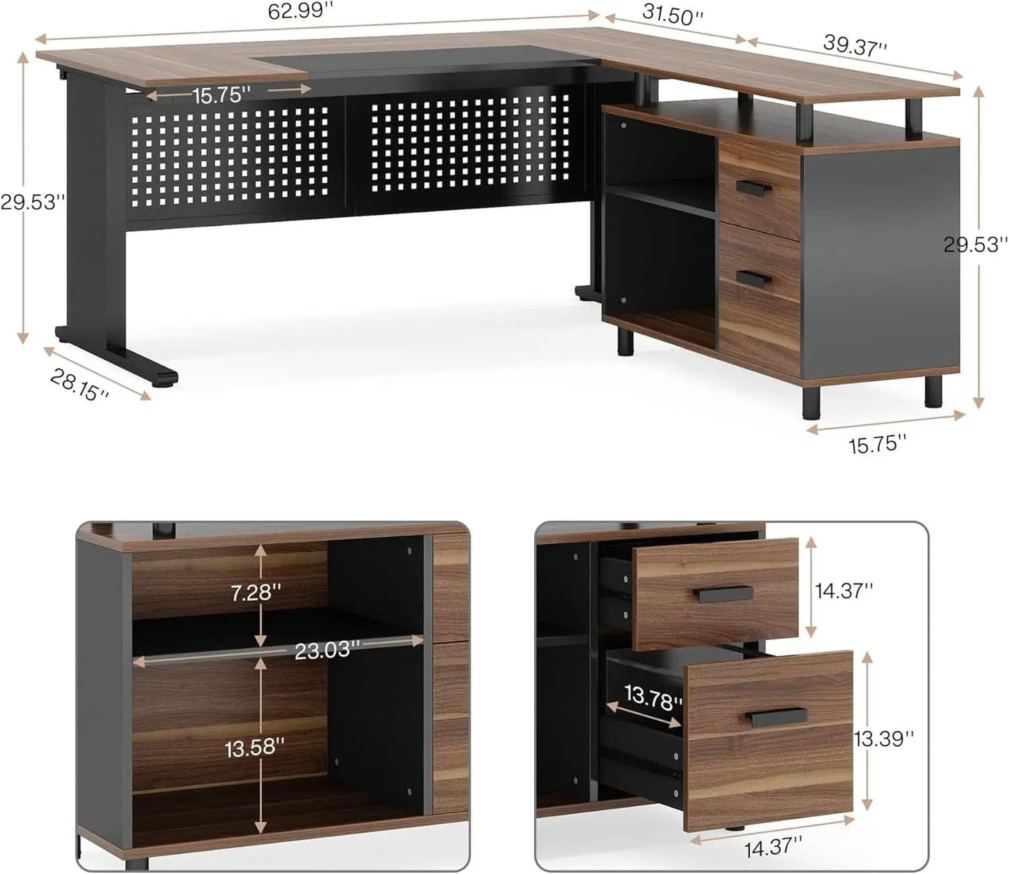 63 Inch L Shaped Desk With File Cabinet For Home Office from PriceLows™