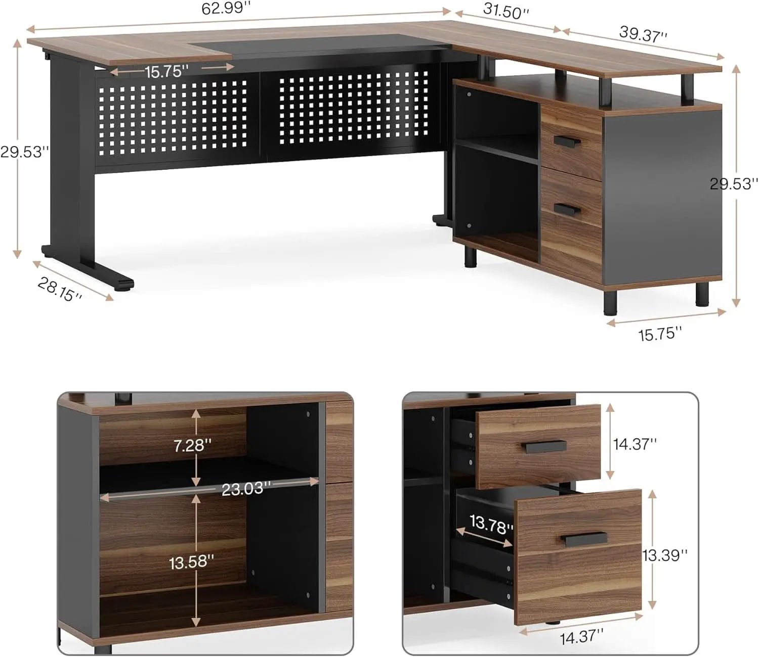 63 Inch L Shaped Desk With File Cabinet For Home Office from PriceLows™