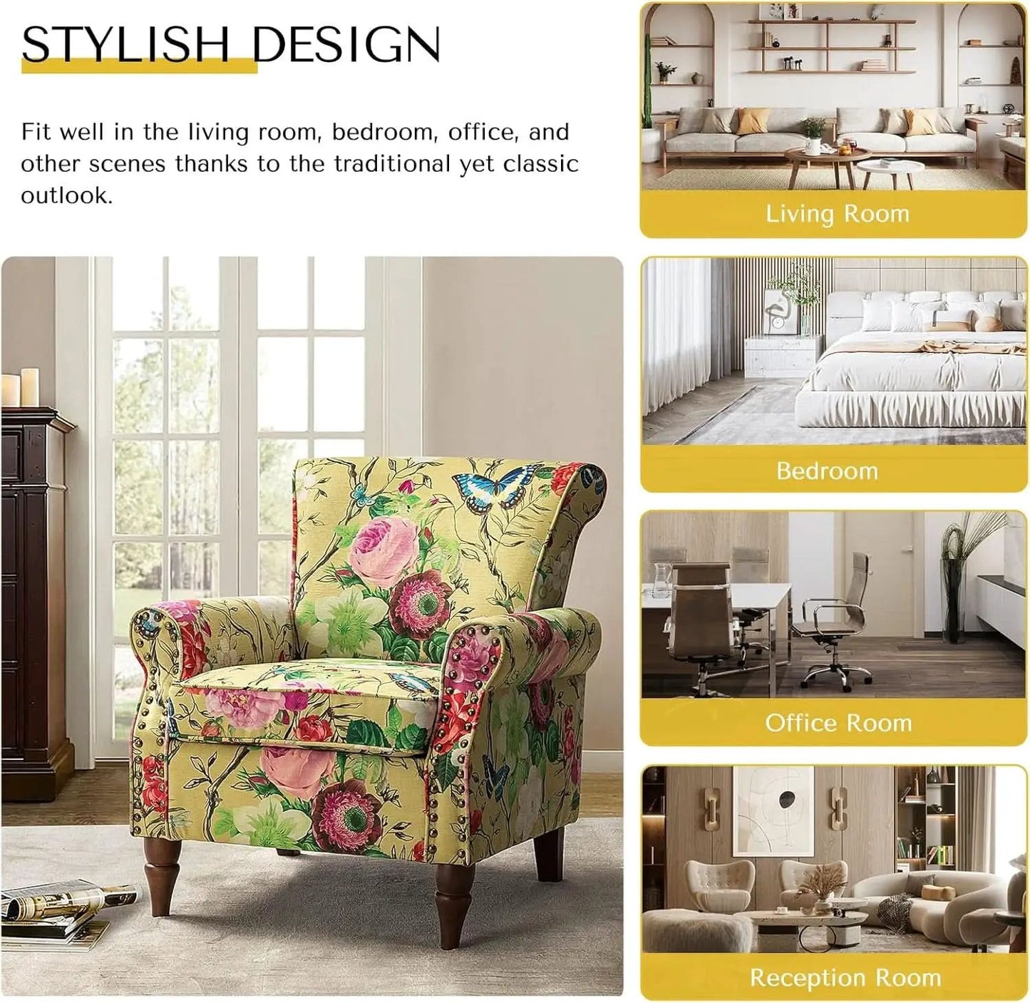 Mustard Floral Wingback Accent Chair With Solid Wood Legs from PriceLows™