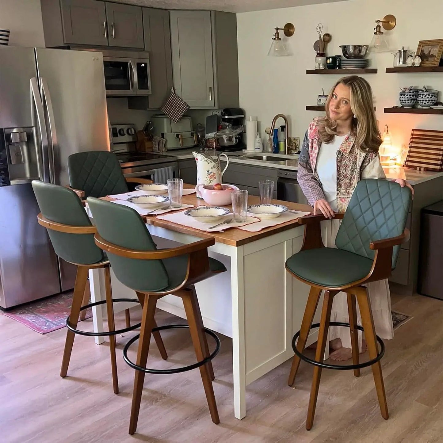 Set Of 2 Green Swivel Bar Height Stools For Kitchen Island from PriceLows™