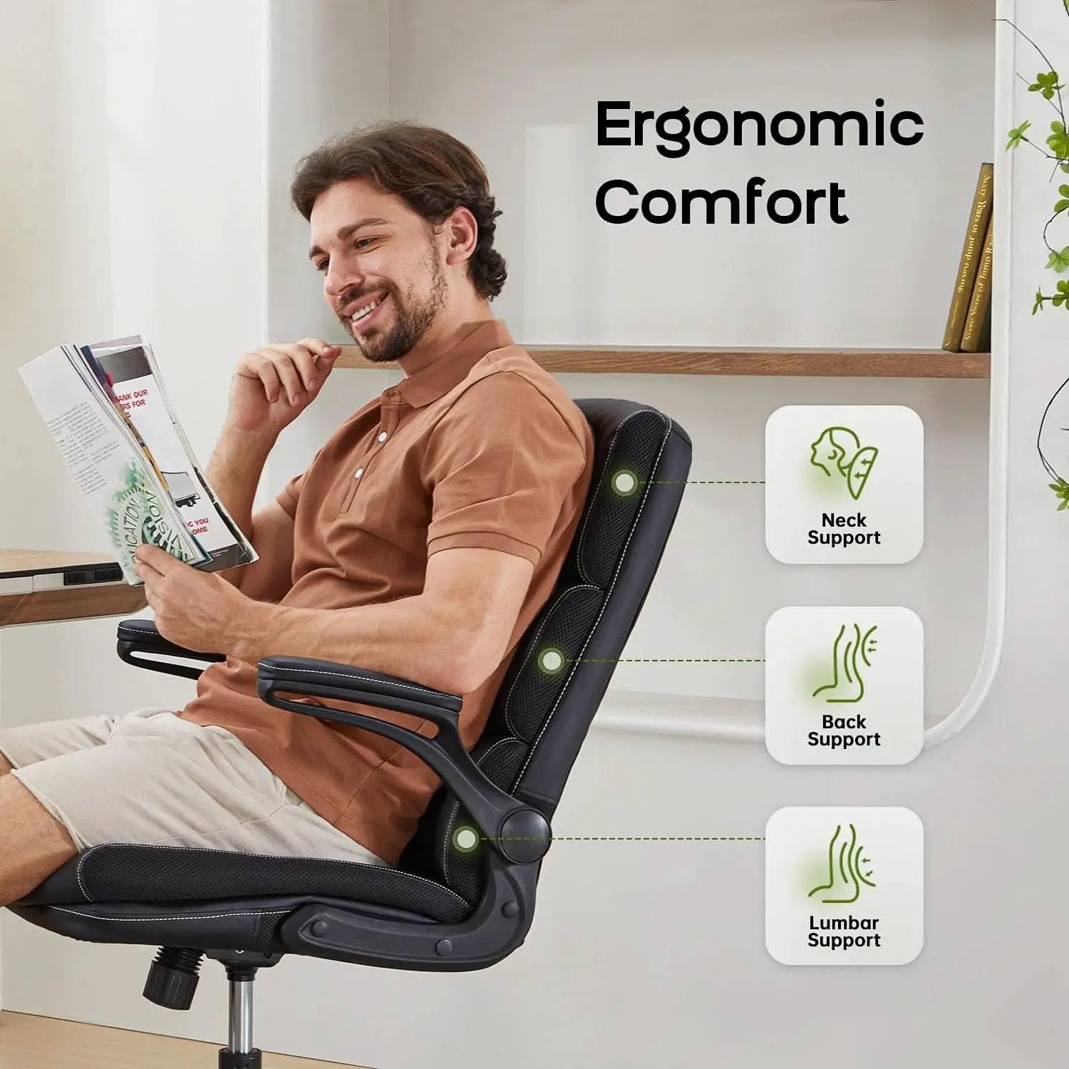 Bonded Leather Office Chair With Flip Up Arms Black from PriceLows™