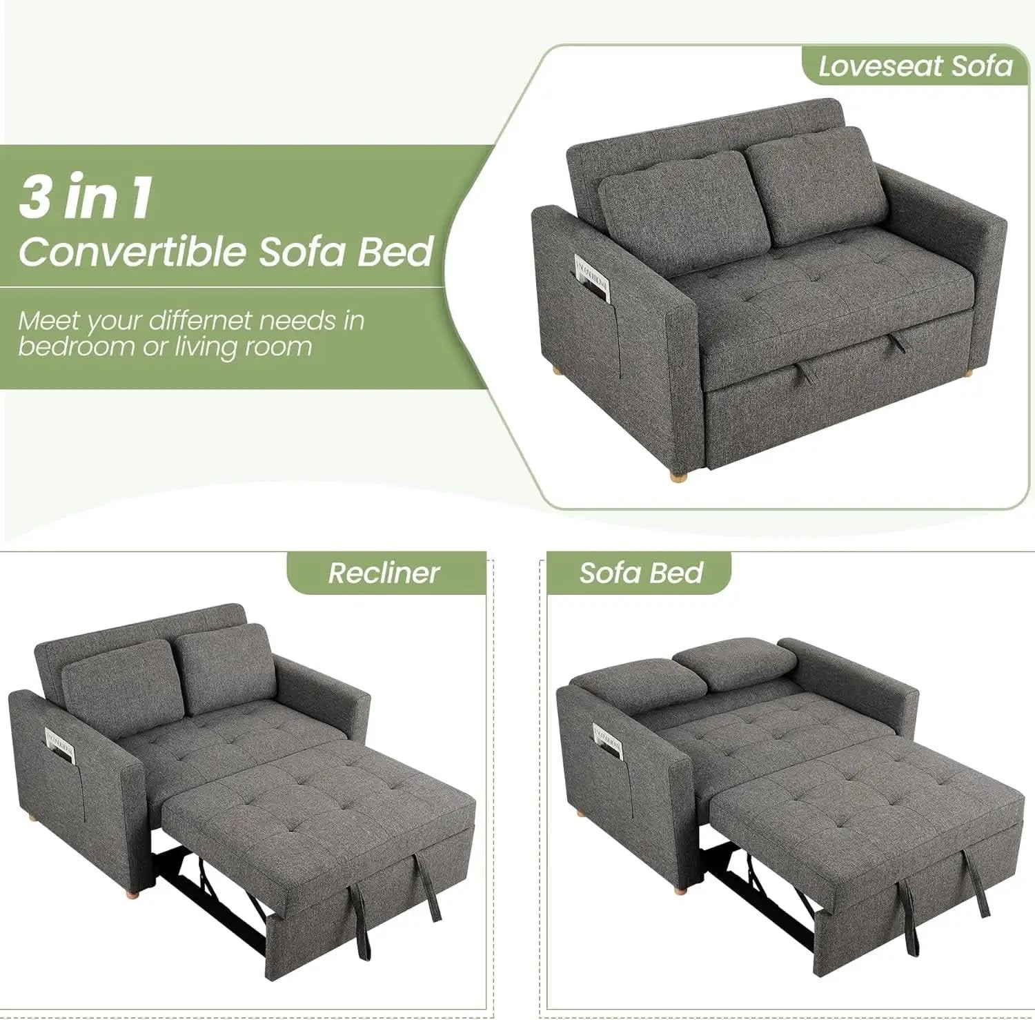 Sleeper Sofa Bed, 3-In-1 Convertible Sofa Chair, Linen Fabric Pull Out Couch Bed, Loveseat Sleeper with Spring Support, Adjustable Backrest, 2 Seater Recliner Chair for Small Space, Dark Grey from PriceLows™