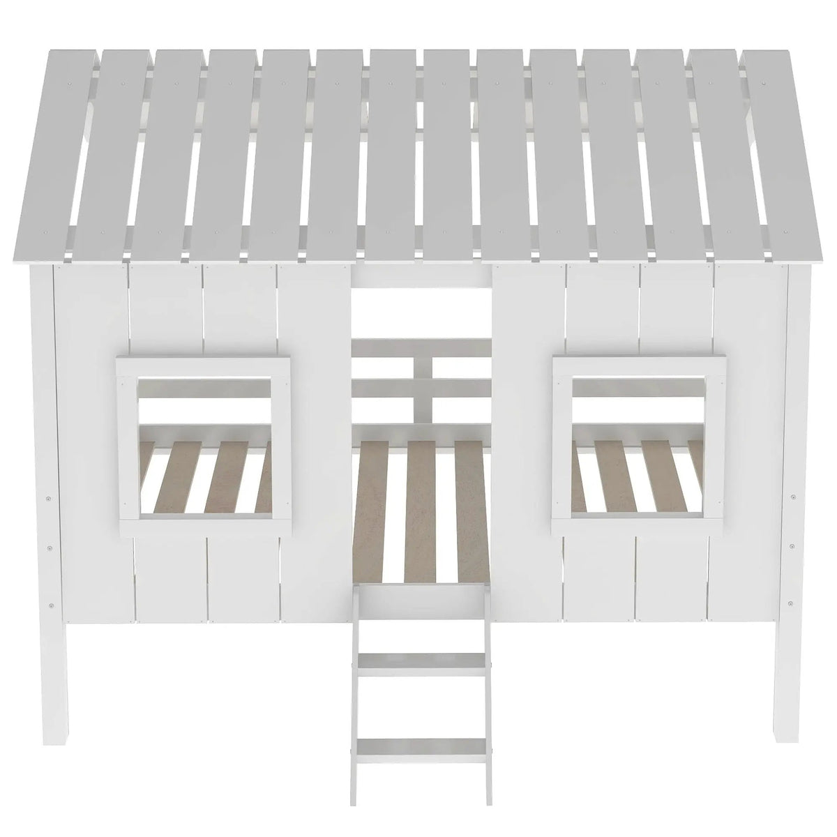 Twin Size Low Loft Bed | Pine Wood Frame | Roof With Two Windows | White