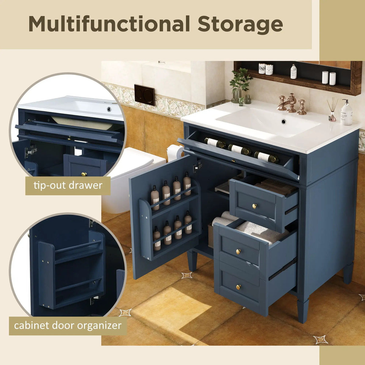 30 Inch Bathroom Vanity With Top Sink | 2 Drawers | Tip-Out Drawer | Vintage-Inspired Handles