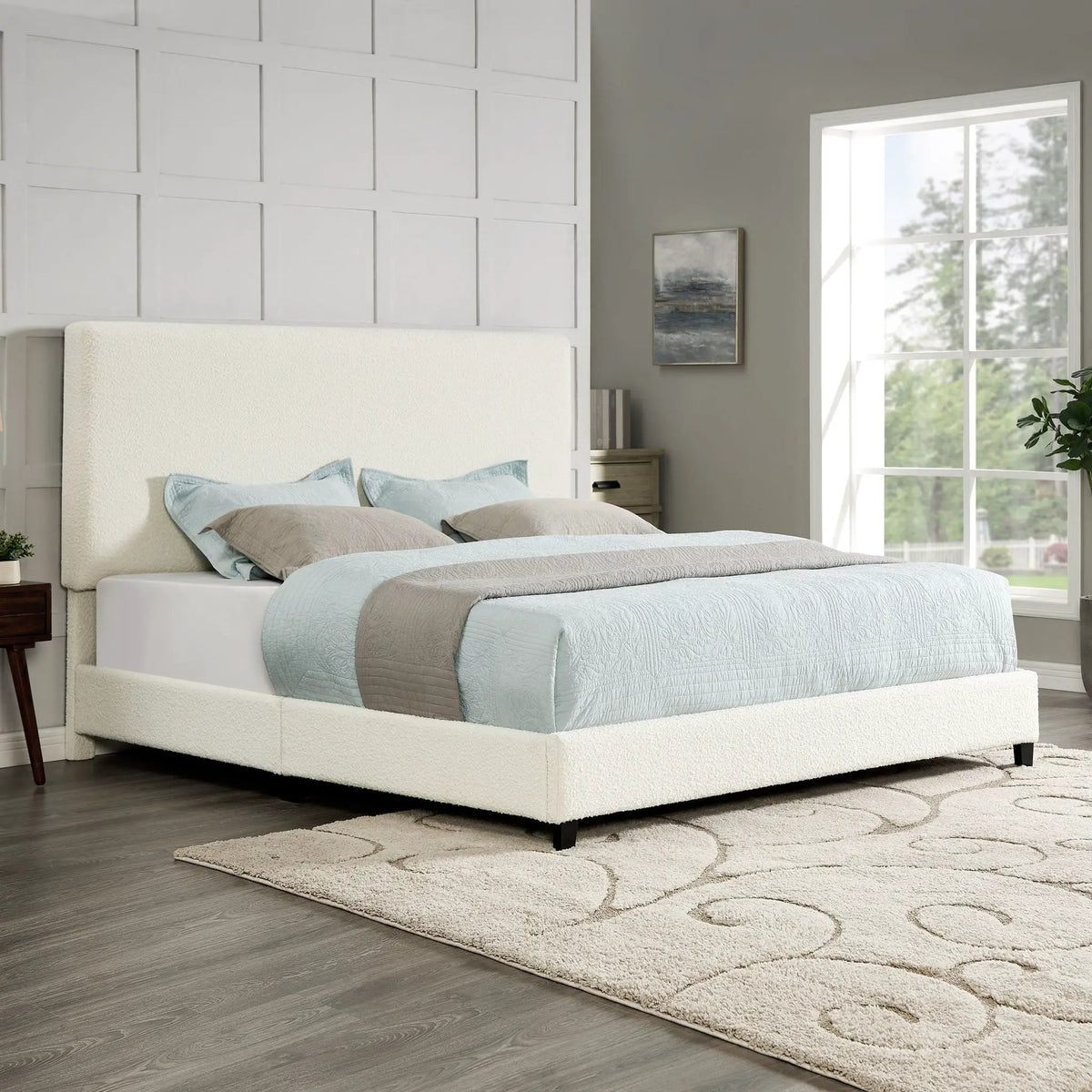 Platform Bed | Upholstered Headboard | Laminated Veneer Lumber | CNC-Cut Plywood Frame