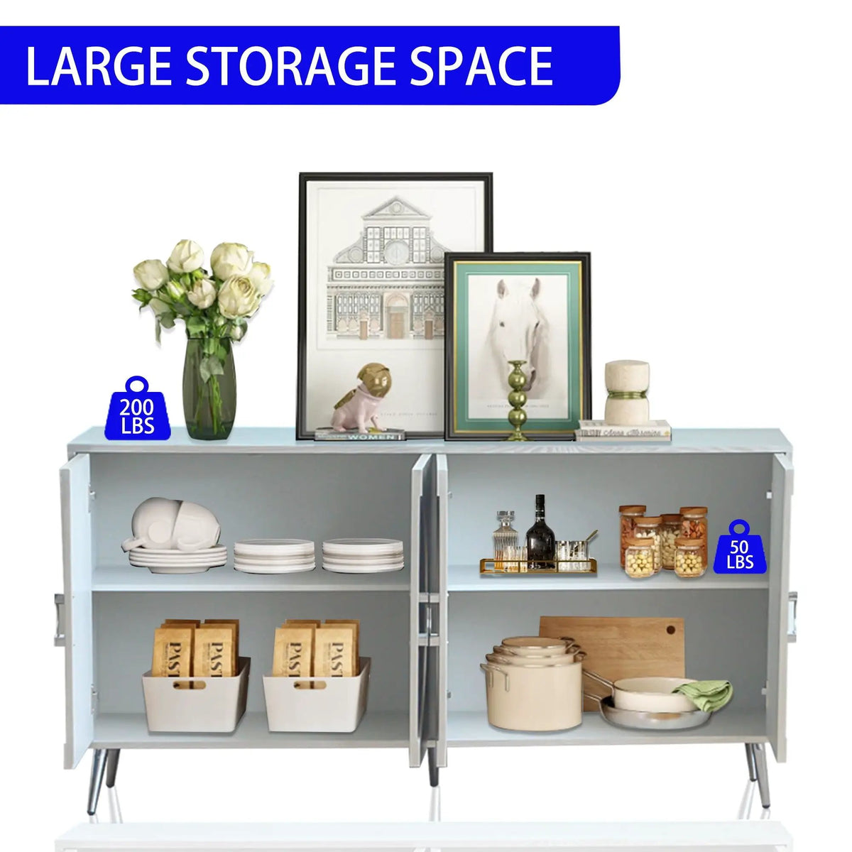 Lacquered 4 Door Sideboard Buffet | Matte Navy Finish | Solid Wood Veneer | Metal Legs