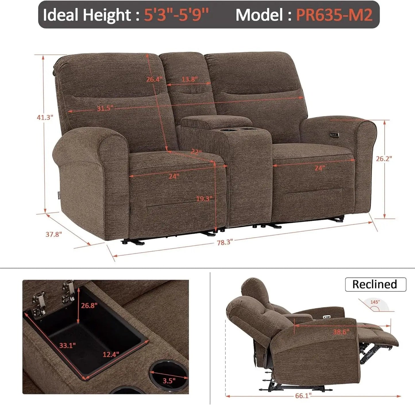 78 Inch Wall Hugger Power Loveseat USB Ports Dark Brown from PriceLows™